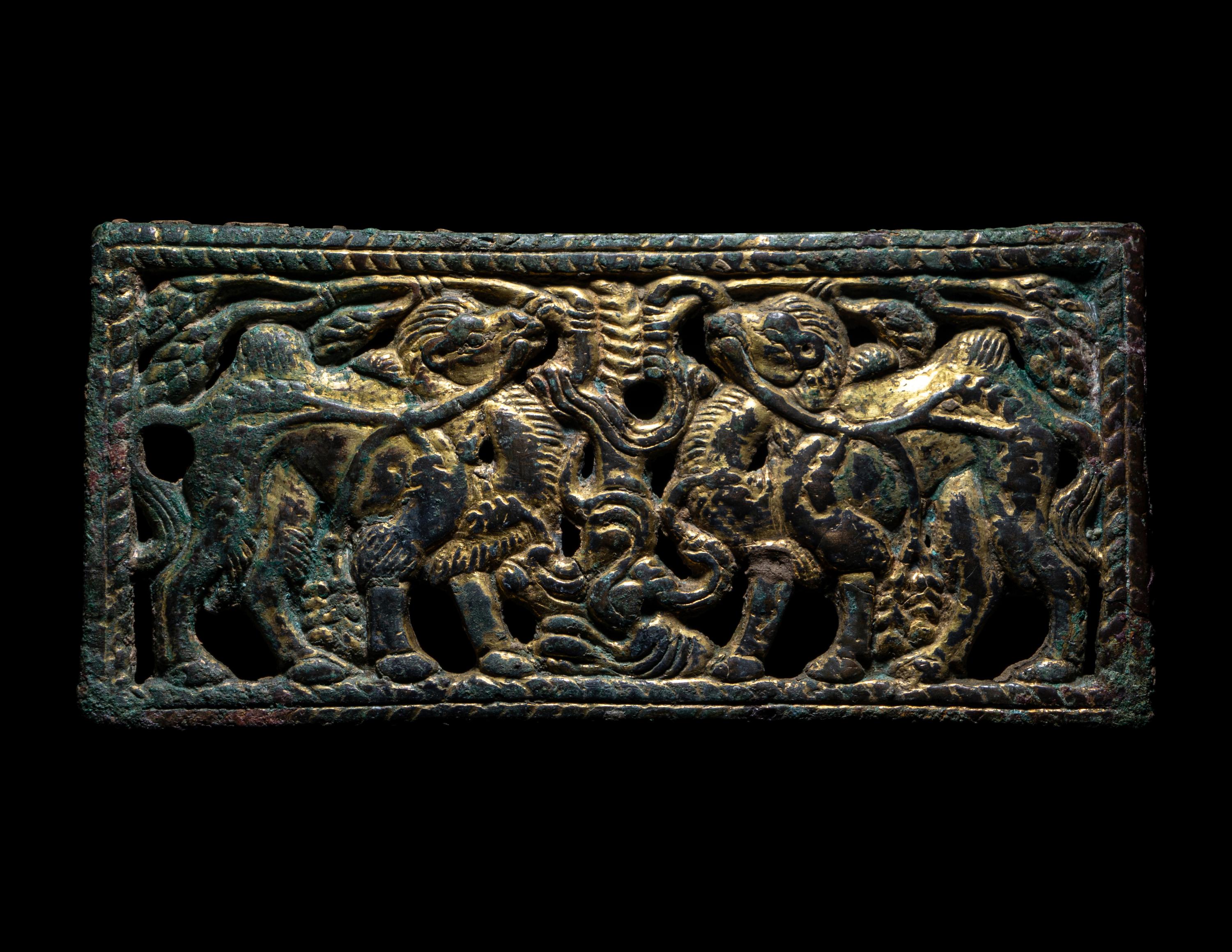 An Ordos Gilt-Bronze Plaque with Mythological Creatures