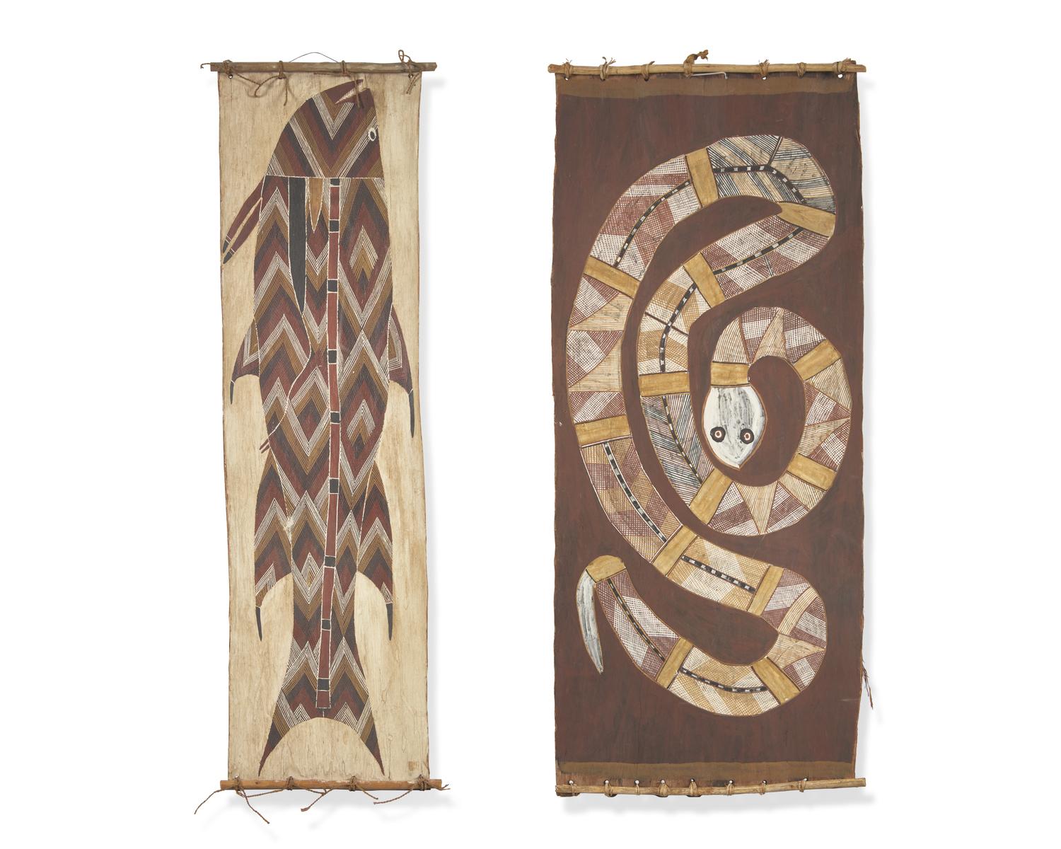 Fish and Rainbow Serpent, Two Western Arnhem Land Bark Paintings