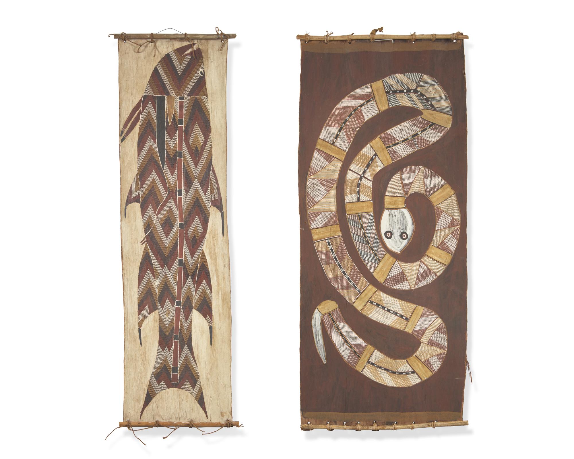 Fish and Rainbow Serpent, Two Western Arnhem Land Bark Paintings