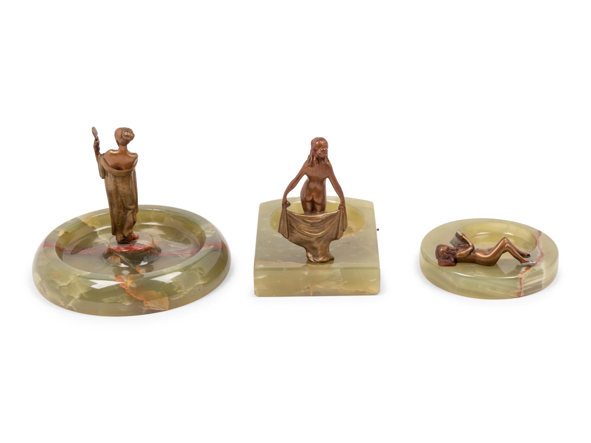 Three Art Deco Onyx and Bronze Figural Vide Poches