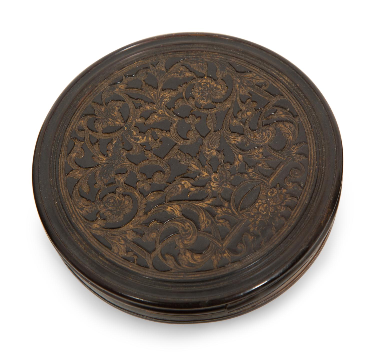 A Group of Six English Carved and Inlaid Horn Snuff Boxes and Cases