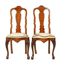 A Pair of Dutch Mahogany and Boxwood Marquetry Side Chairs
