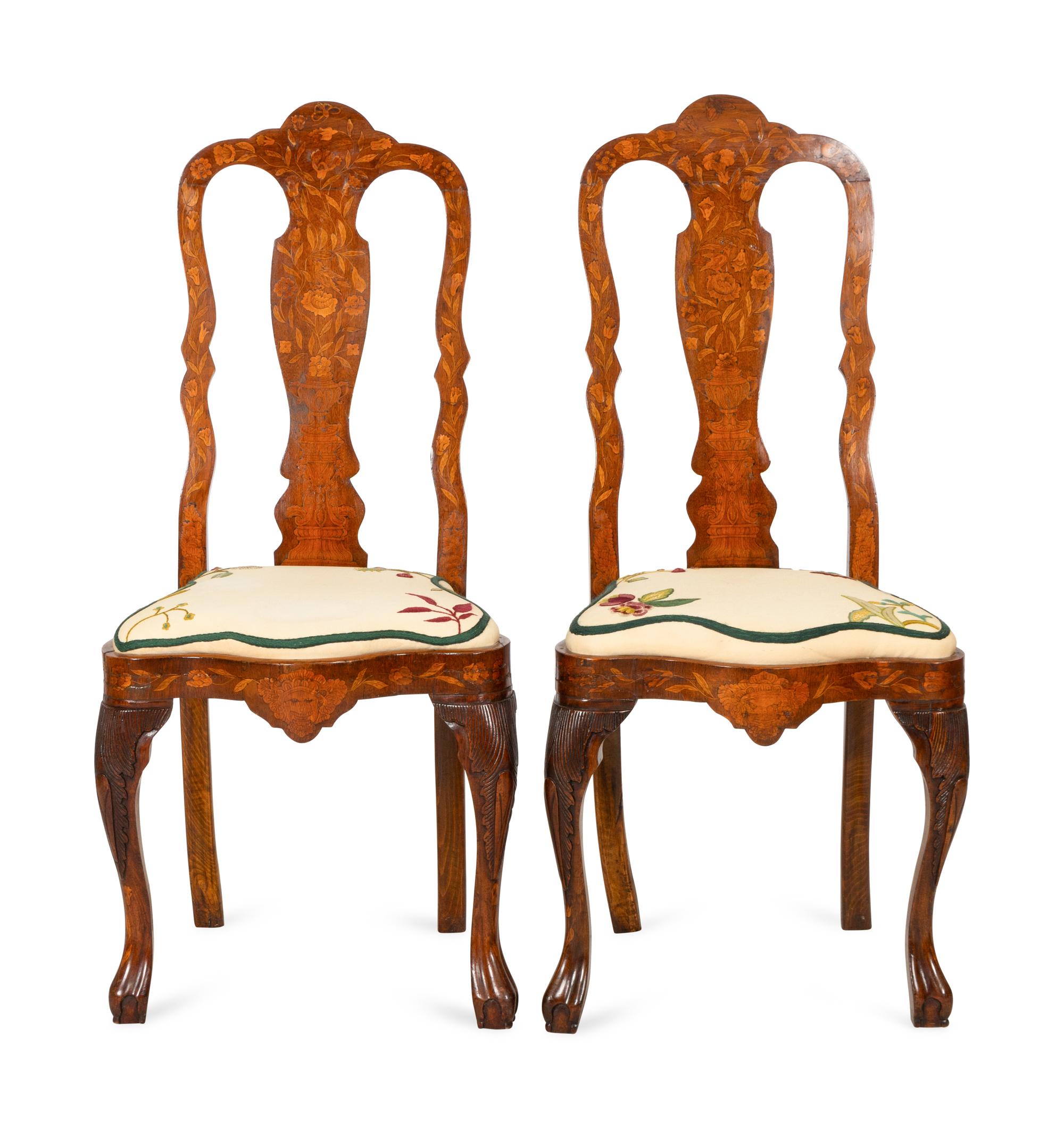 A Pair of Dutch Mahogany and Boxwood Marquetry Side Chairs