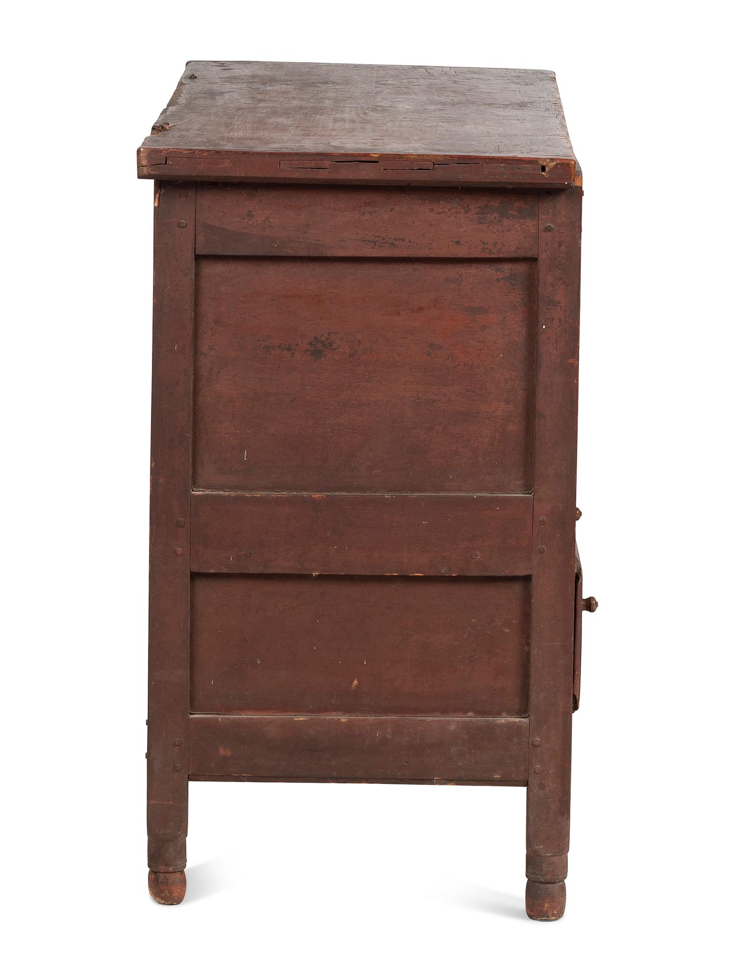 A Country Paneled Red Painted Pine and Maple One-Drawer Blanket Chest, Early 18th Century
