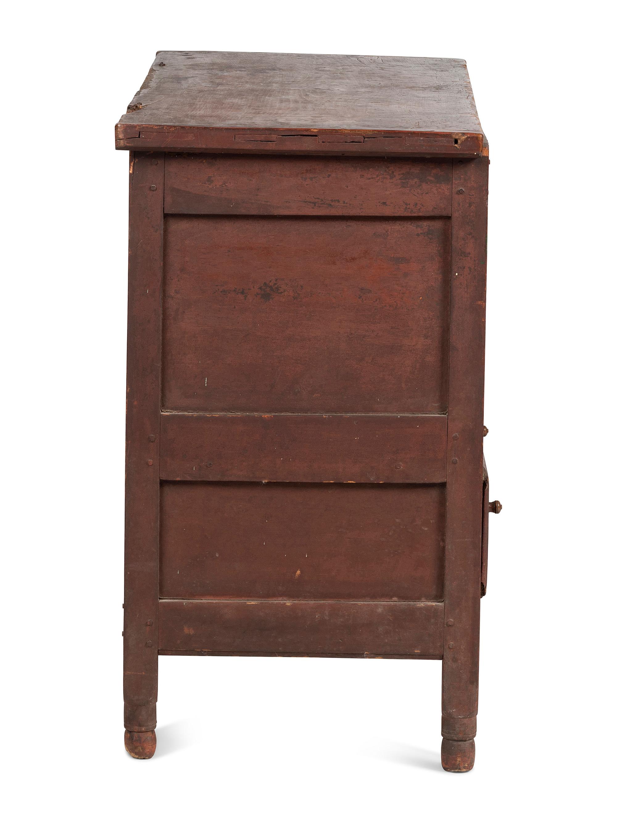 A Country Paneled Red Painted Pine and Maple One-Drawer Blanket Chest, Early 18th Century