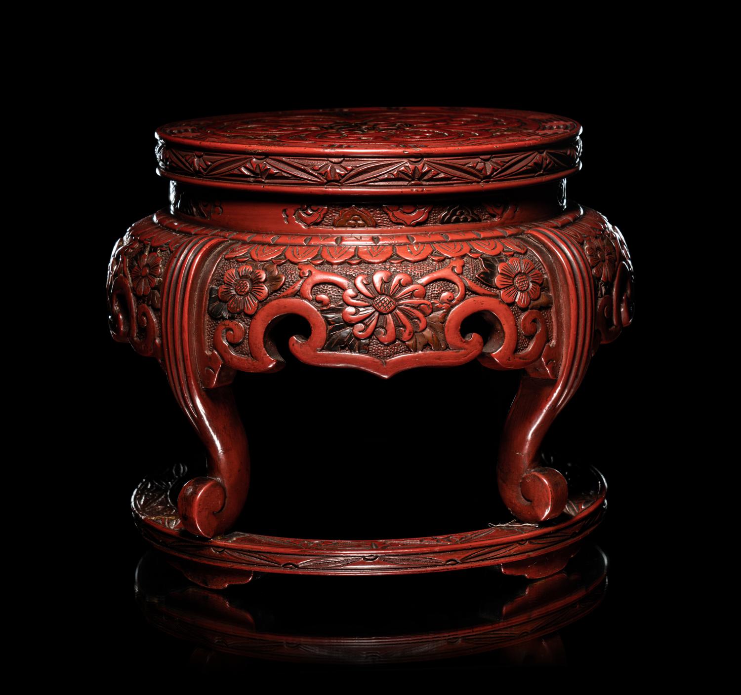 A Pair of Japanese Carved Cinnabar Lacquer Stands