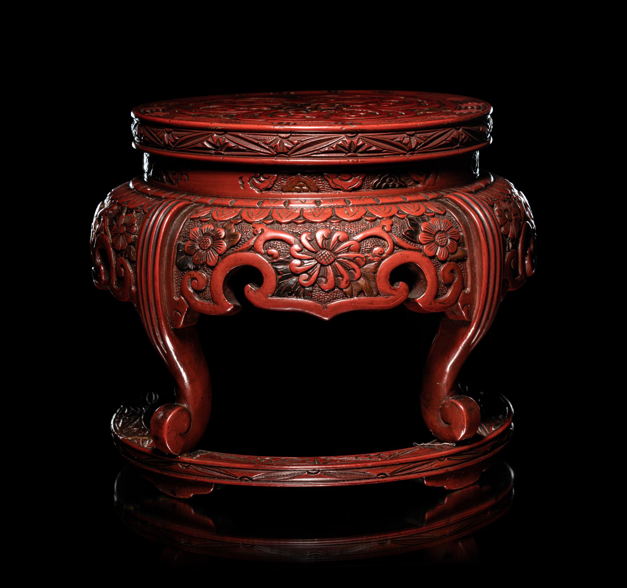 A Pair of Japanese Carved Cinnabar Lacquer Stands