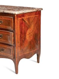 A Neapolitan Walnut and Marquetry Marble-Top Commode