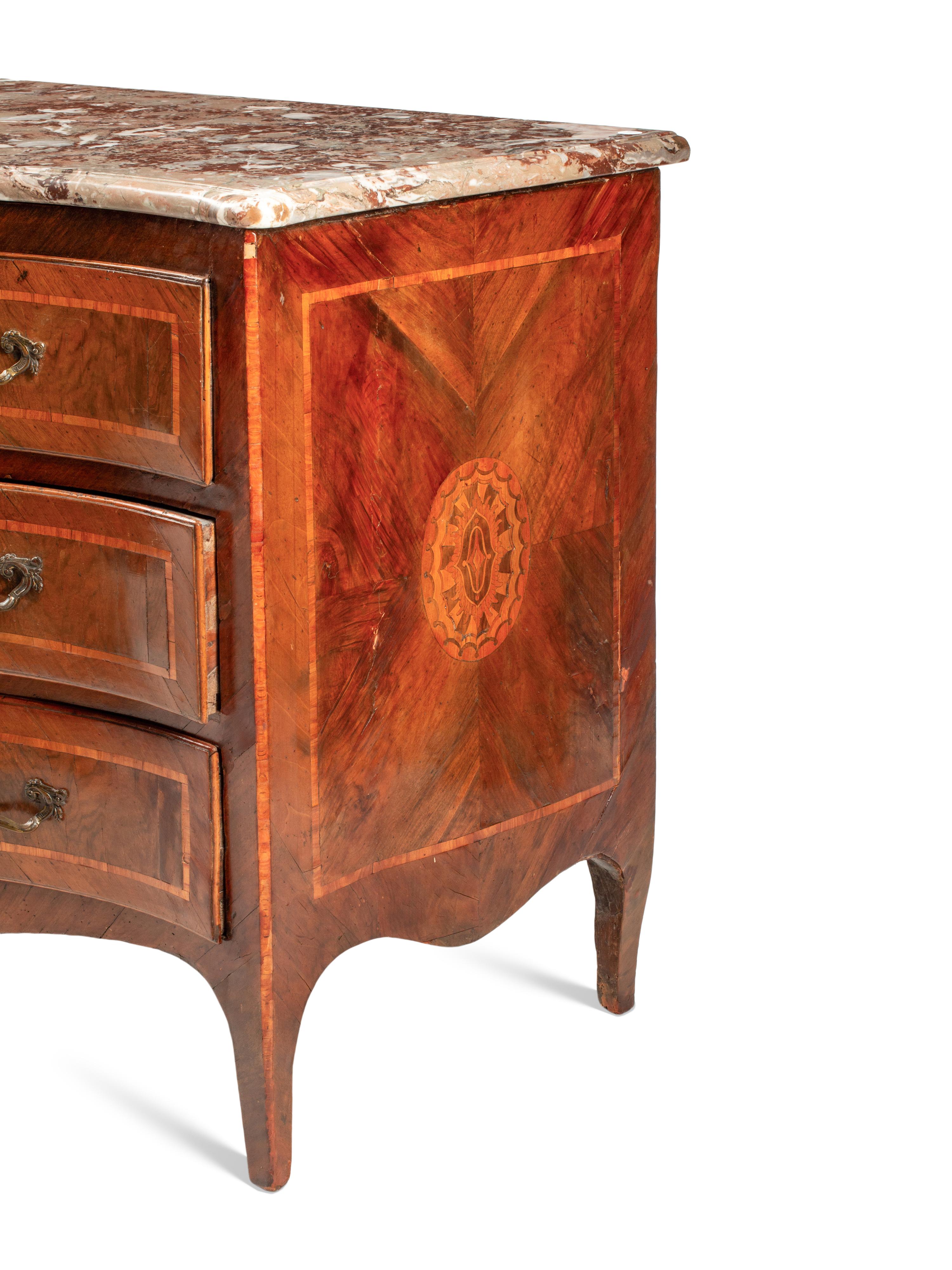 A Neapolitan Walnut and Marquetry Marble-Top Commode