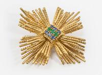 An 18K Yellow Gold, Sapphire, and Emerald Brooch