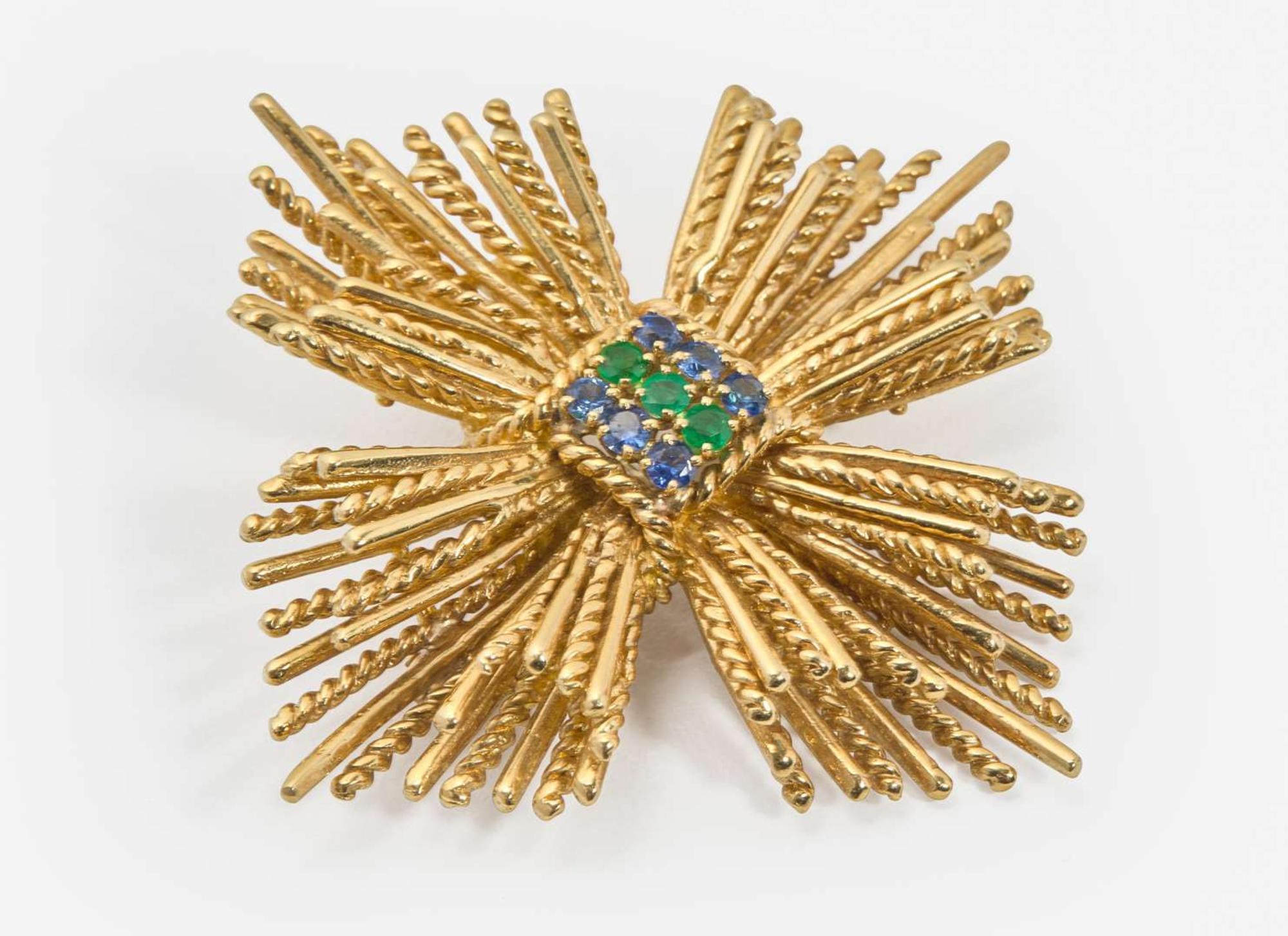 An 18K Yellow Gold, Sapphire, and Emerald Brooch