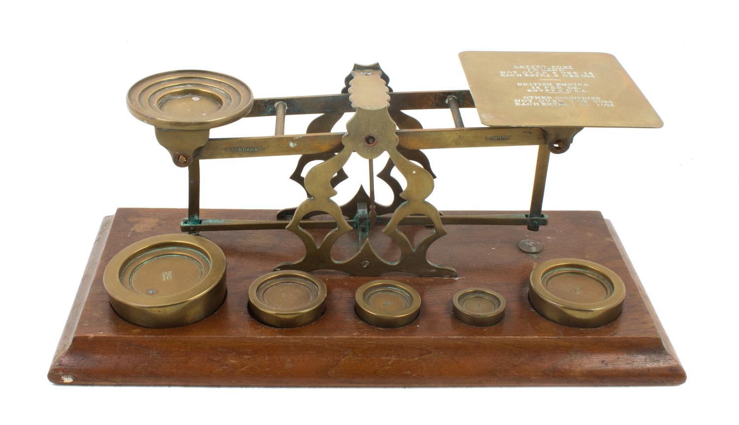 An English Brass Postal Scale and Weights Width of base 12 1/2 inches. — S. MORDAN & CO., LONDON, 19TH CENTURY