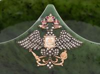 A Large Russian 14-Karat Gold, Enamel and Gemstone Mounted Spinach Jade Kovsh-Form Punch Service