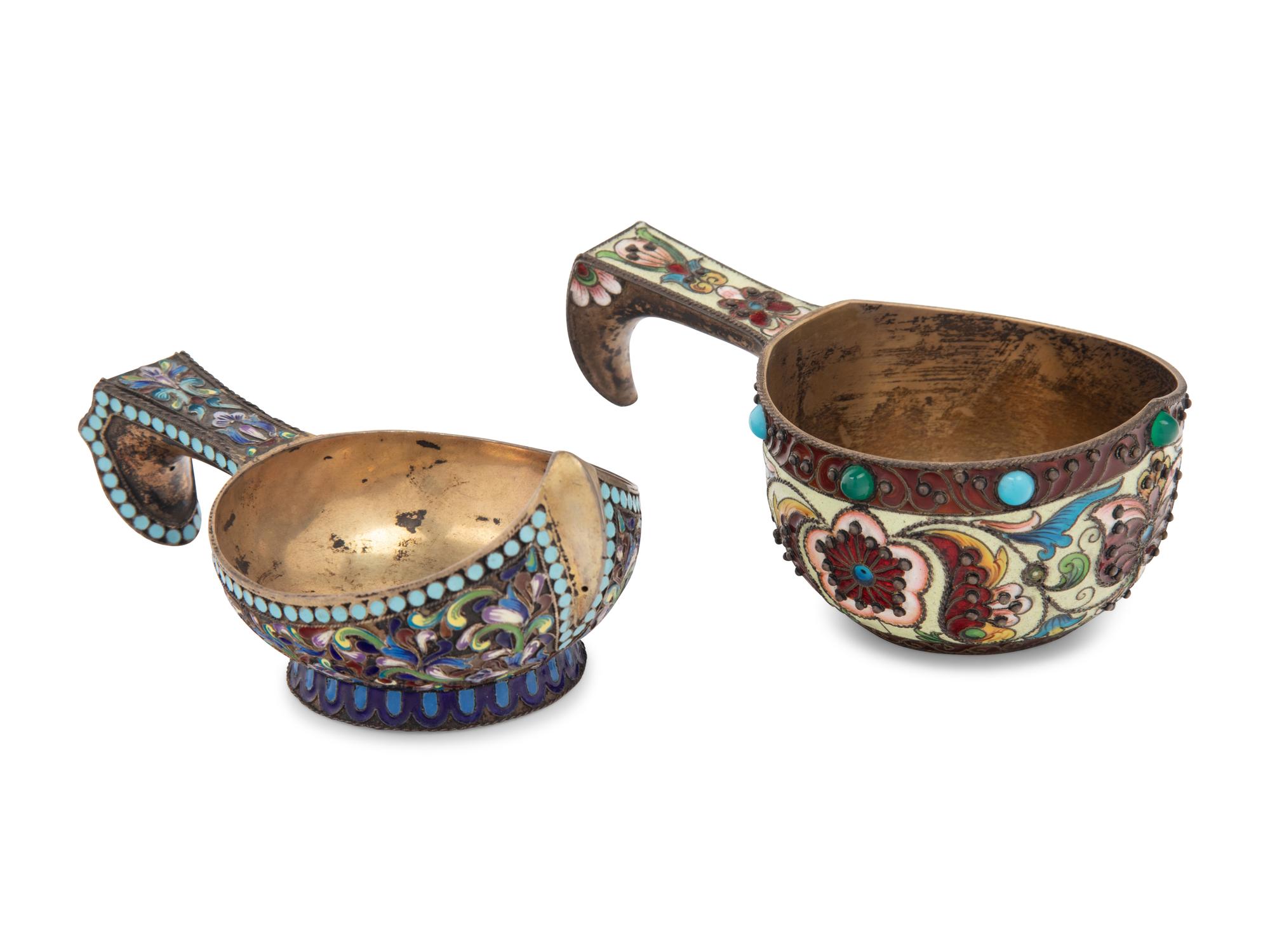 Two Russian Enameled Silver Kovshi