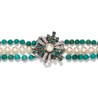PEARL, TURQUOISE AND DIAMOND NECKLACE