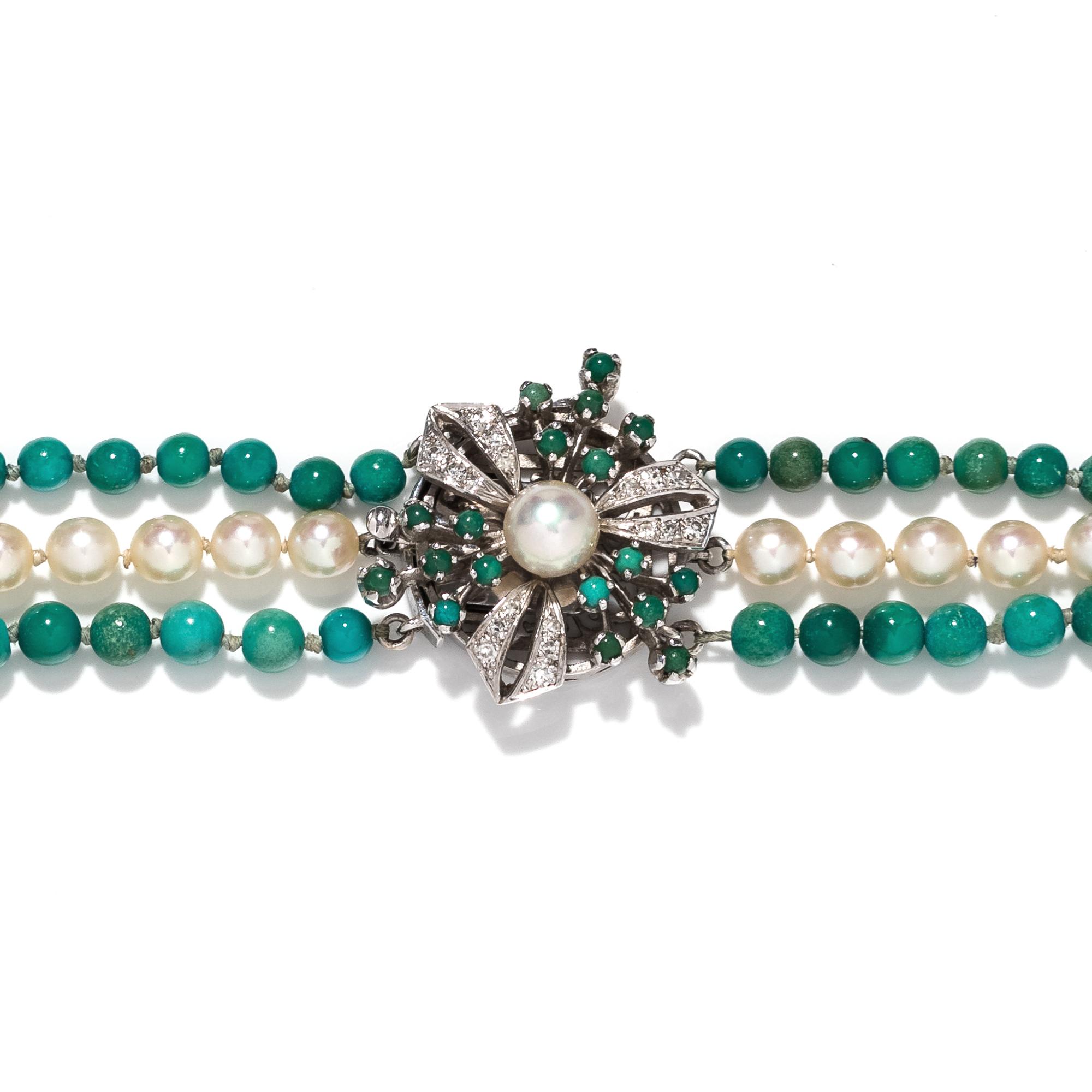 PEARL, TURQUOISE AND DIAMOND NECKLACE