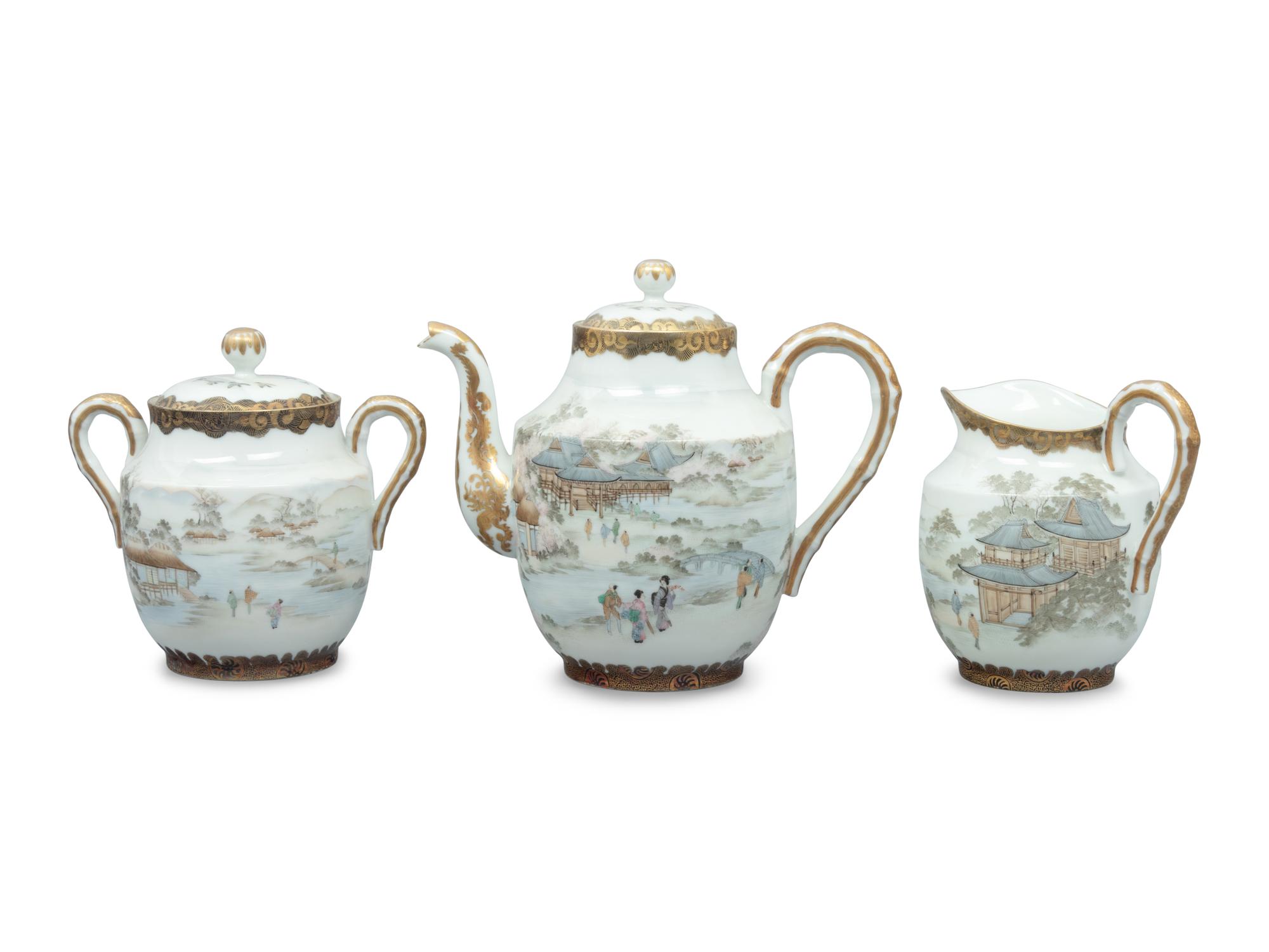 A Set of Japanese Gilt Decorated Enameled on Eggshell Porcelain Tea Wares
