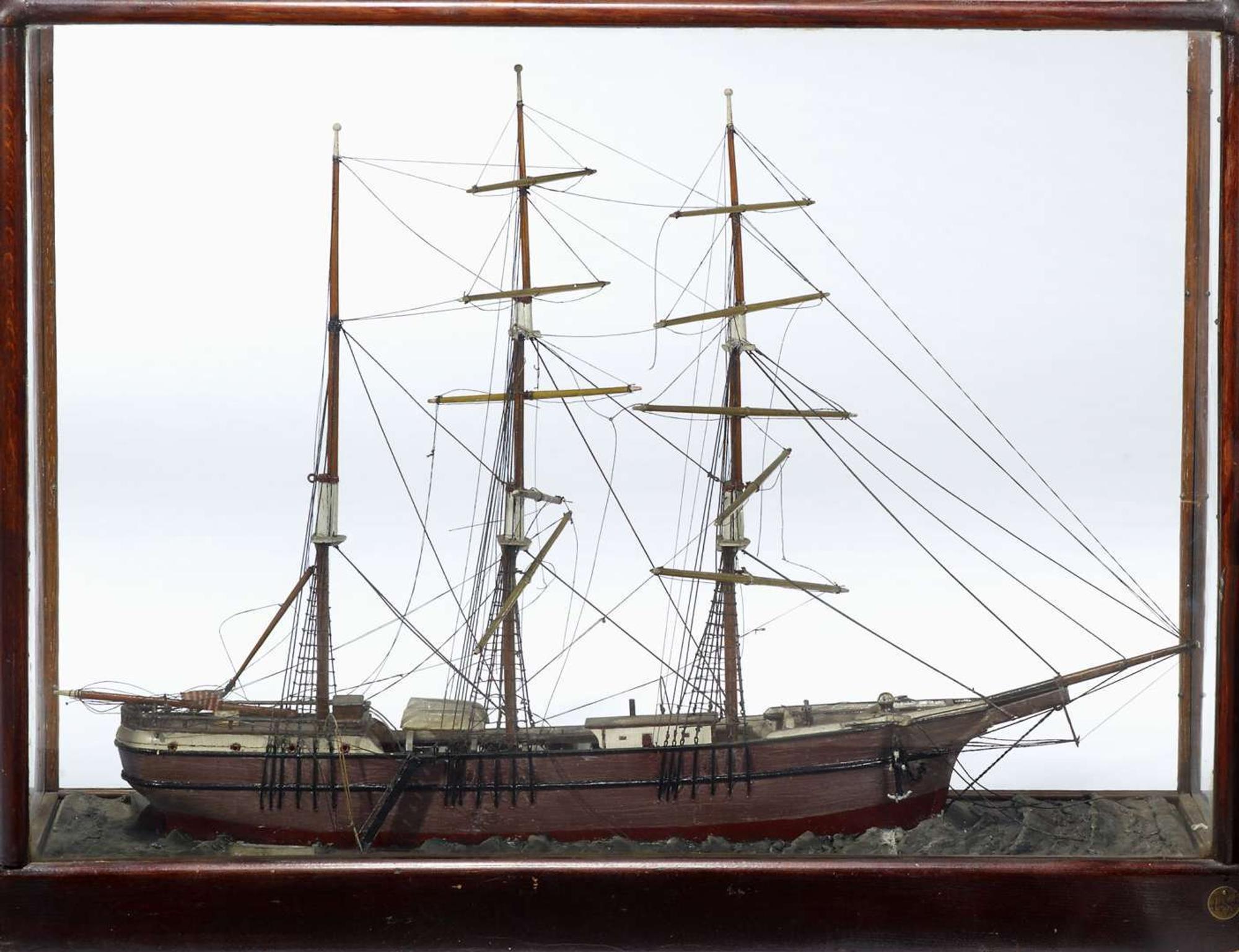 Cased model of a two masted sailing ship late 19th century