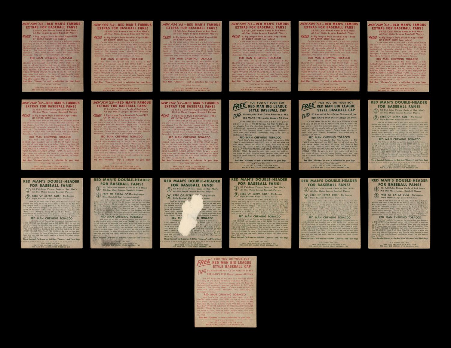 A Collection of 1950s Red Man Tobacco Baseball Cards Including Multiple Hall of Famers - All With Tabs (49)