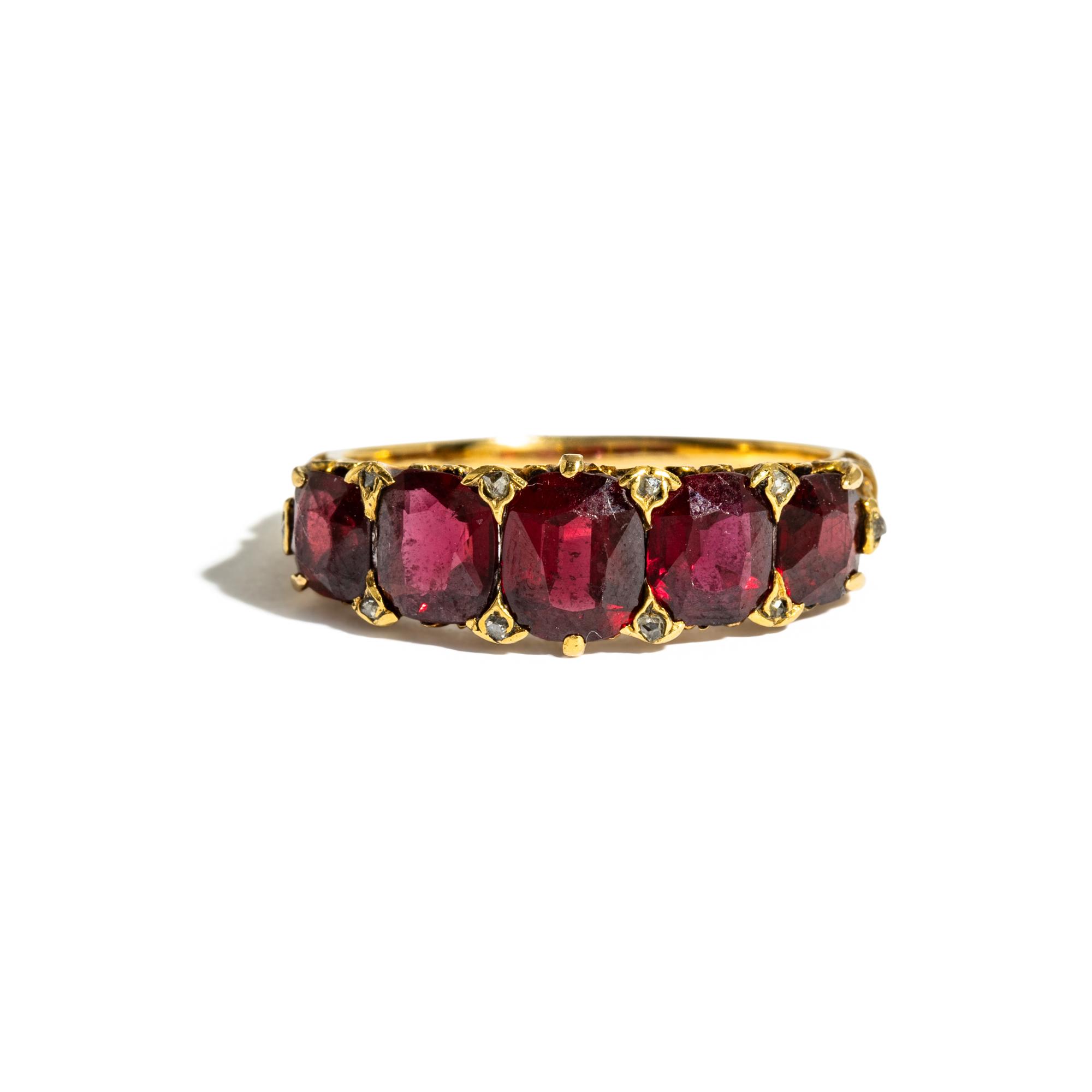 ANTIQUE, GARNET, DIAMOND, AND YELLOW GOLD RING