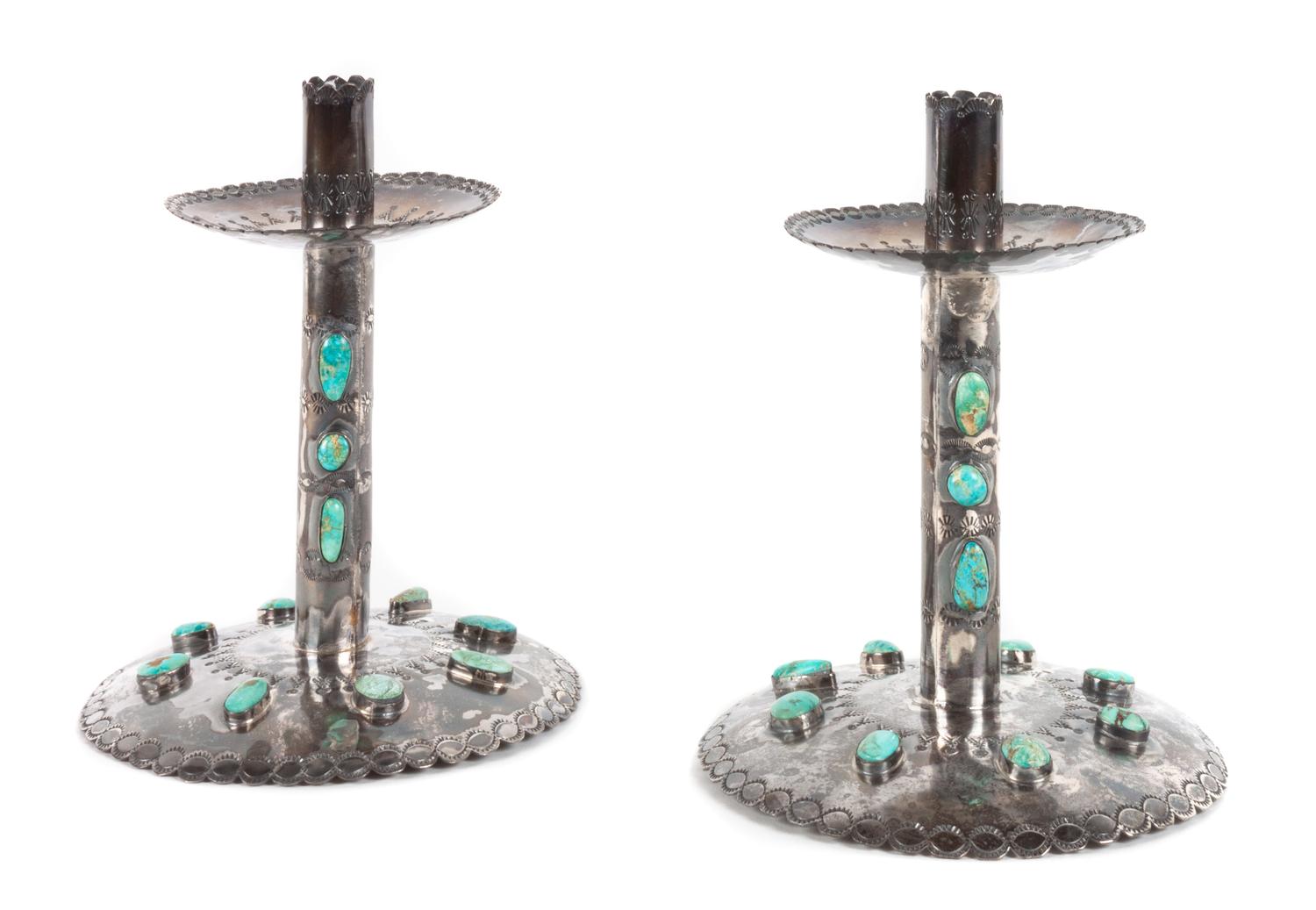 Pair of Federico Jimenez Southwestern Silver and Turquoise Candle Holders