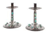 Pair of Federico Jimenez Southwestern Silver and Turquoise Candle Holders