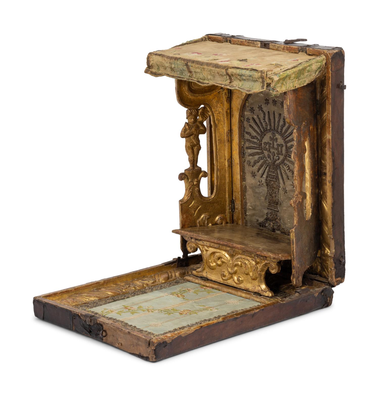 A German Leather-Cased Giltwood Traveling Altar