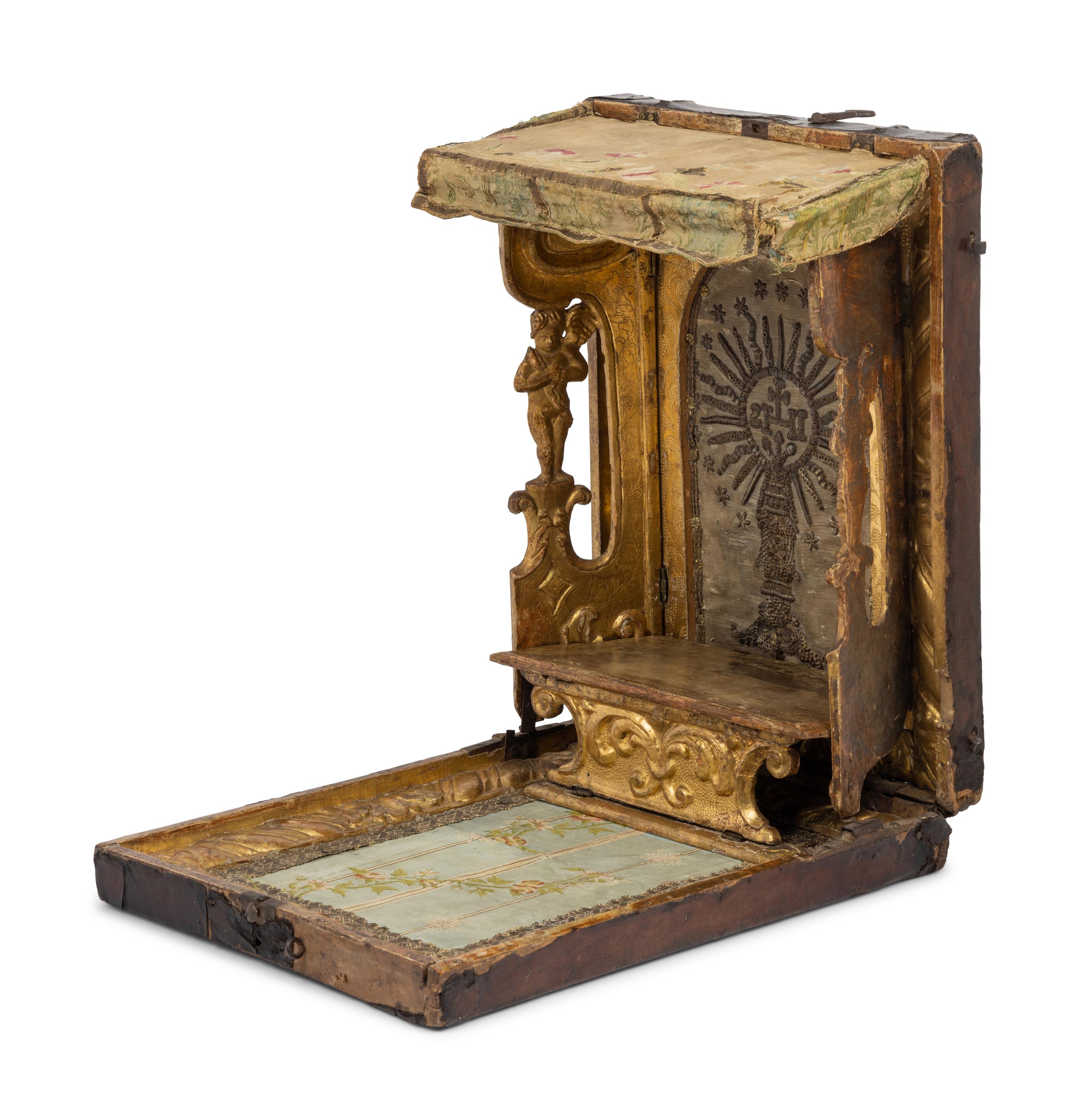 A German Leather-Cased Giltwood Traveling Altar