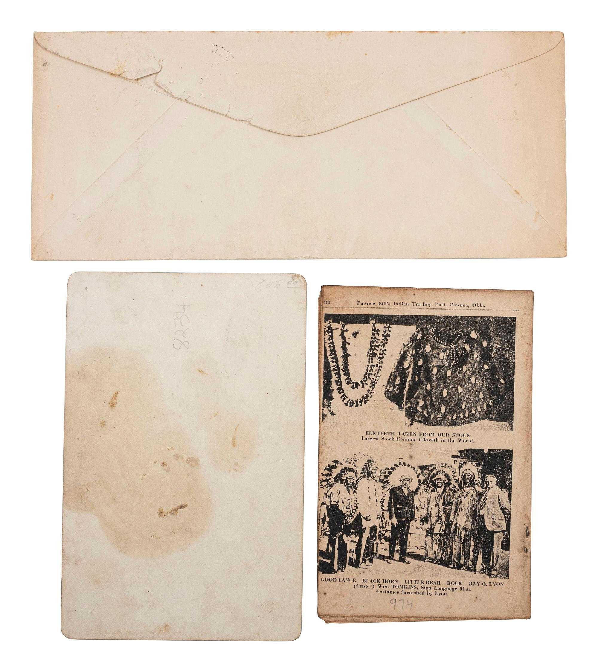 [WILD WEST SHOWS] -- [LILLIE, Gordon W. "Pawnee Bill" (1860-1942)]. A group of 7 items, incl. LS, TLS, signed checks, and memorabilia from Pawnee Bill's Old Town and Indian Trading Post.