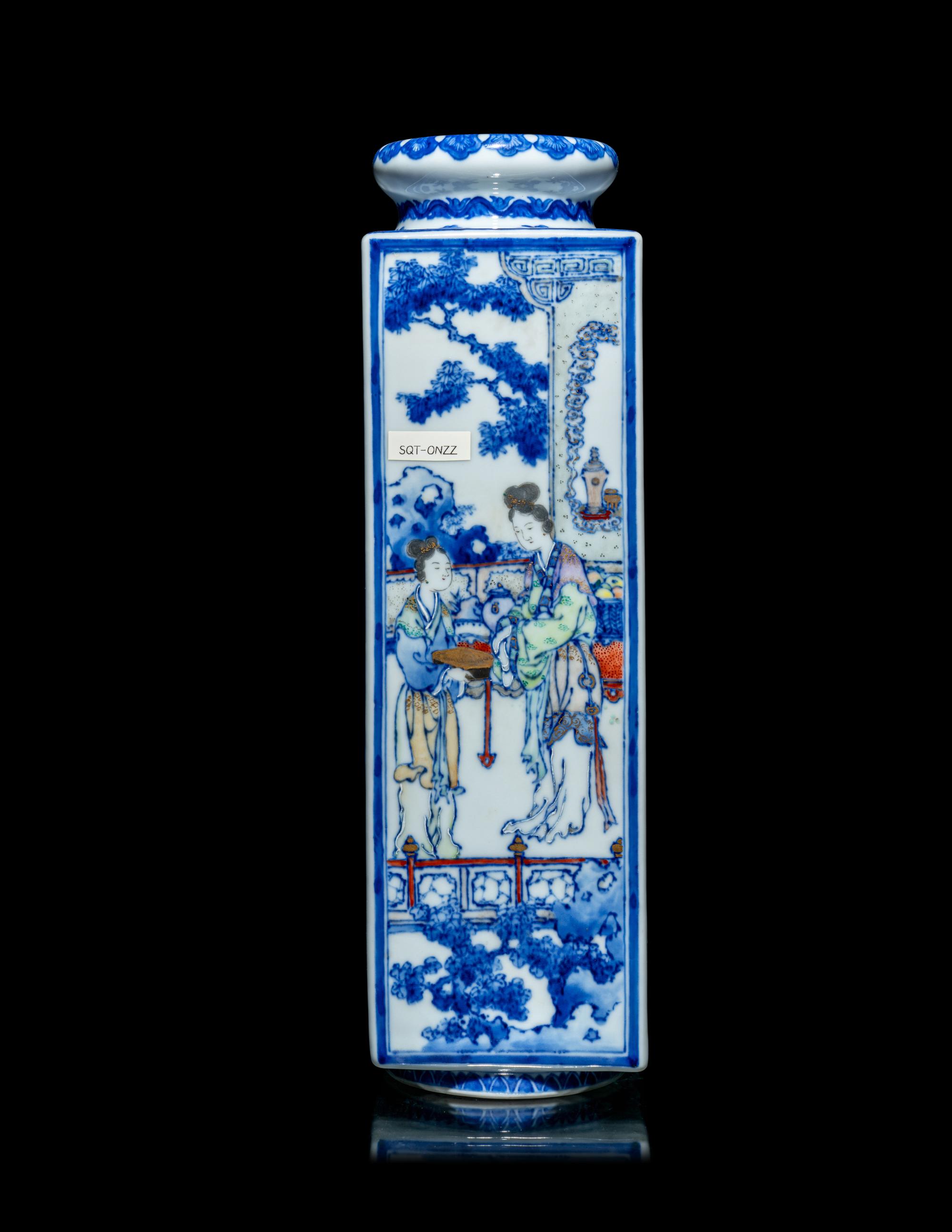 A Japanese Underglazed Blue and Polychrome Enamelled Porcelain Square Vase