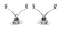 A Pair of Danish Silver Two-Light Candelabra, Harald Nielsen for Georg Jensen Silversmithy, Copenhagen, 1945-77, 278 pattern, the two c