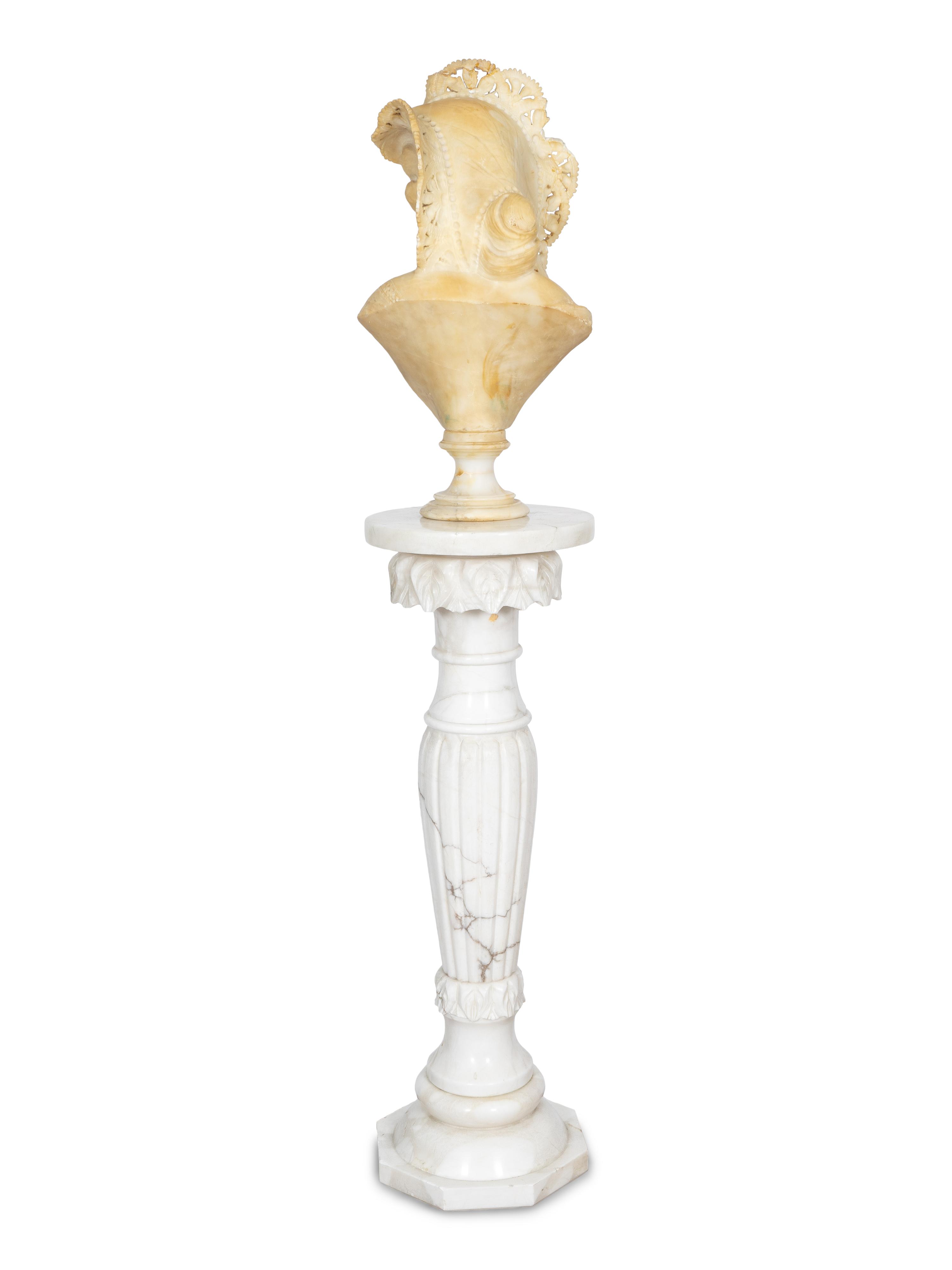 Two Italian Carved Alabaster Busts with Associated Marble Pedestals