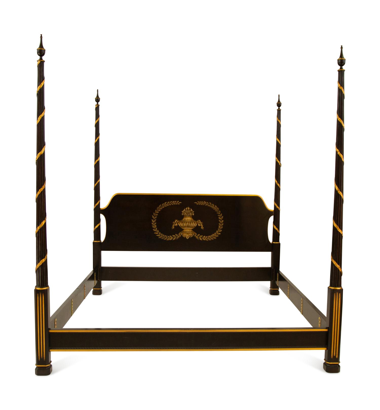 A Regency Style Ebonized and Gilt Four-Poster Bed