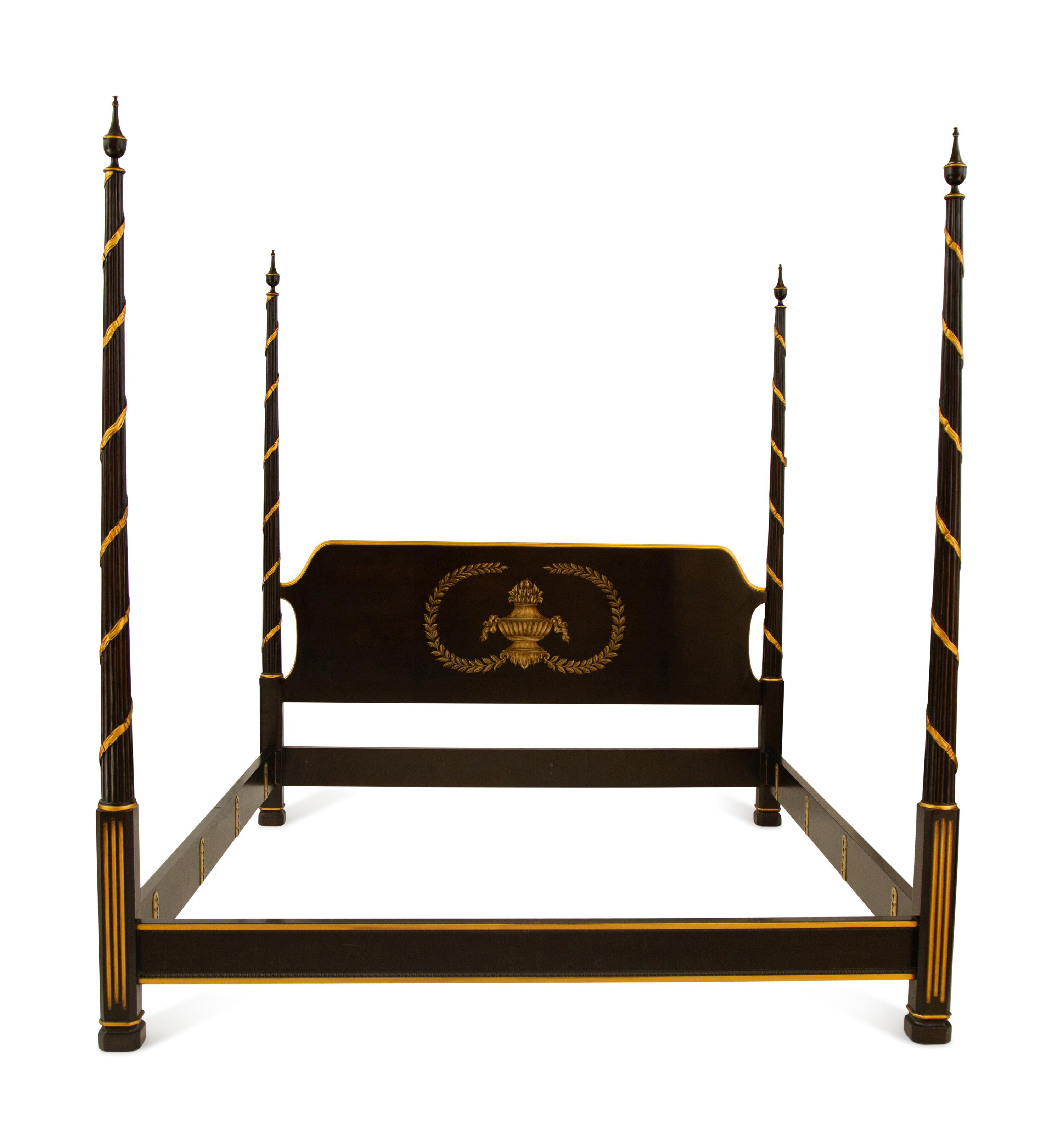 A Regency Style Ebonized and Gilt Four-Poster Bed
