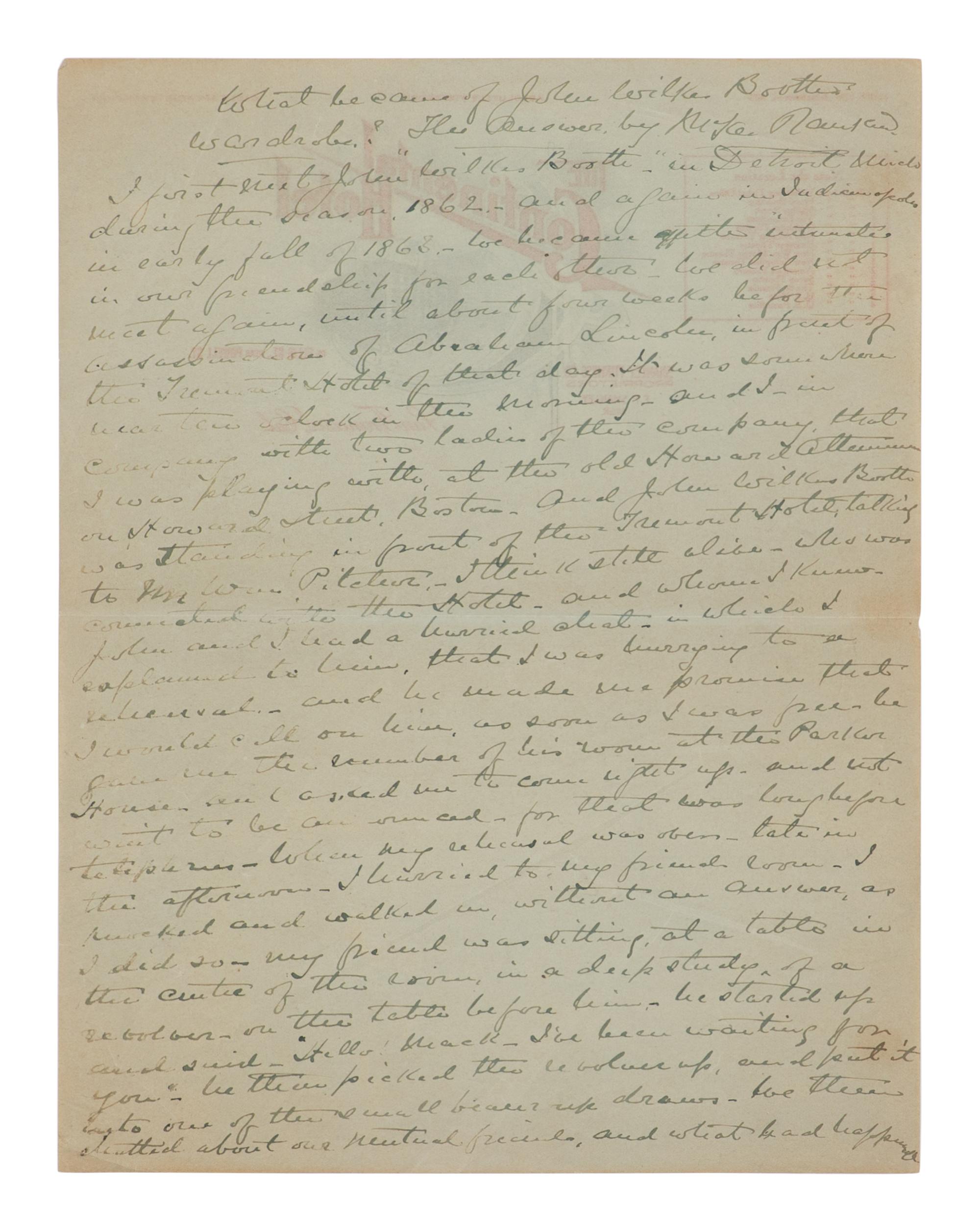 [BOOTH, John Wilkes (1838-1865)]. RANKIN, Arthur McKee (1841-1914). Partial manuscript entitled "What Became of John Wilkes Boothe's Wardrobe?" [San Francisco, ca 1909].