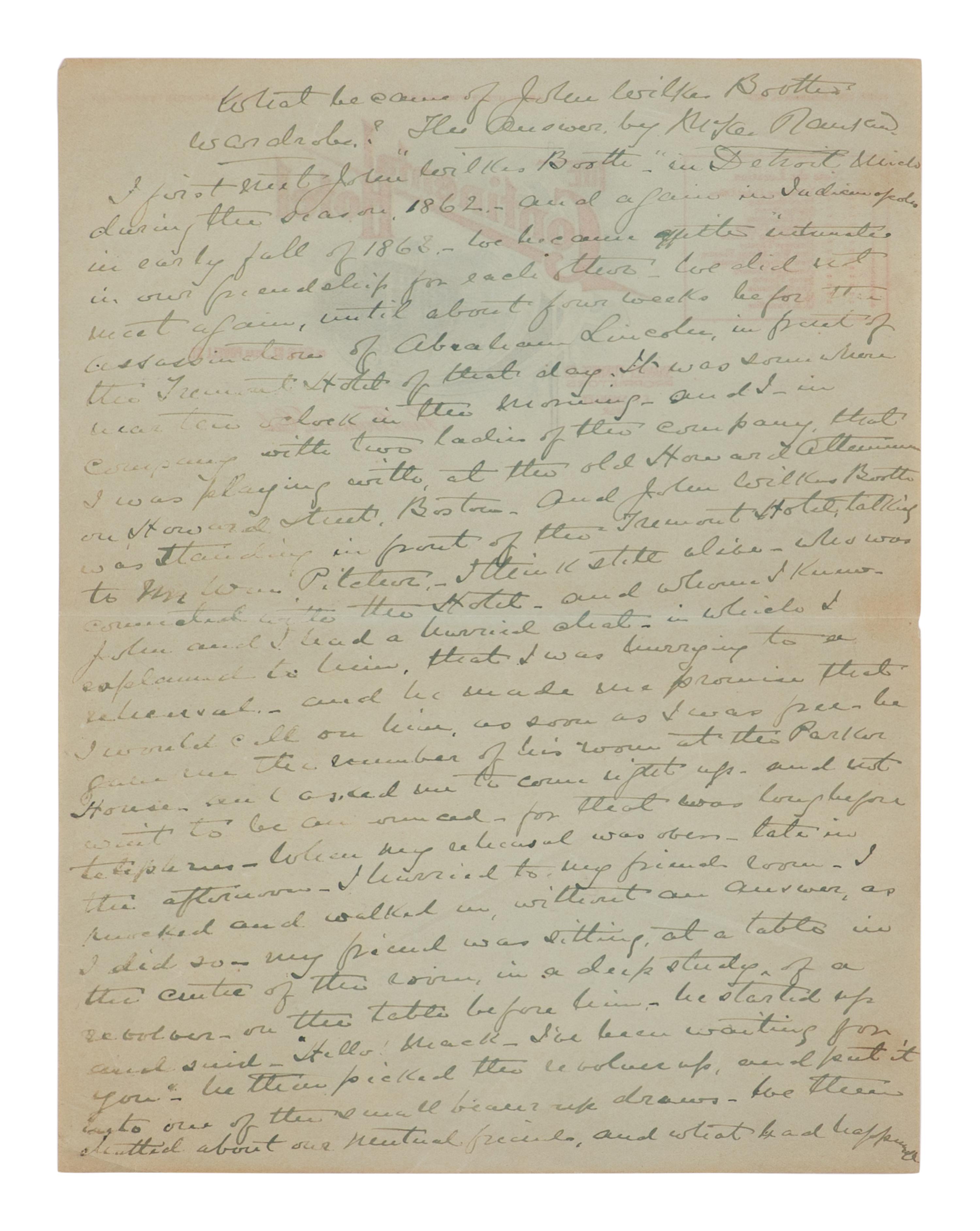 [BOOTH, John Wilkes (1838-1865)]. RANKIN, Arthur McKee (1841-1914). Partial manuscript entitled "What Became of John Wilkes Boothe's Wardrobe?" [San Francisco, ca 1909].