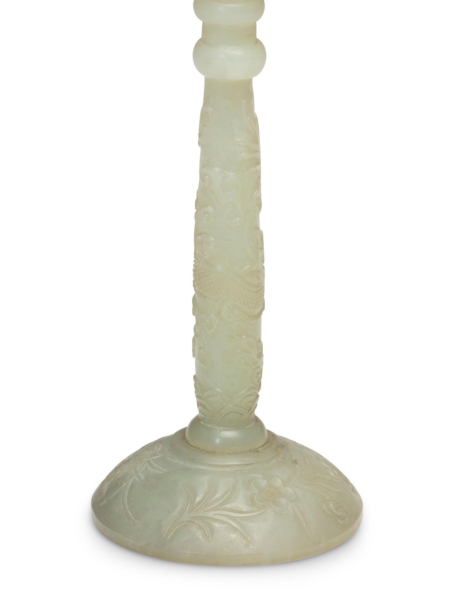 A Pair of Chinese Carved Nephrite Candlesticks