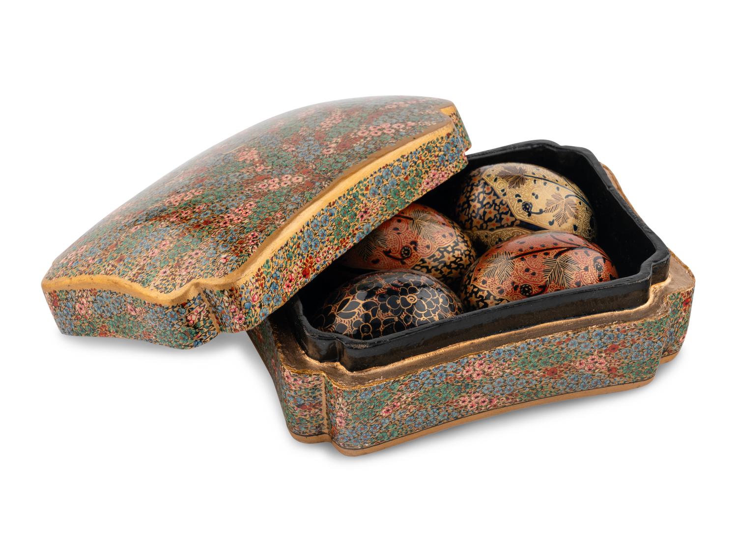 A Kashmiri Lacquer Box and Seven Lacquer Eggs