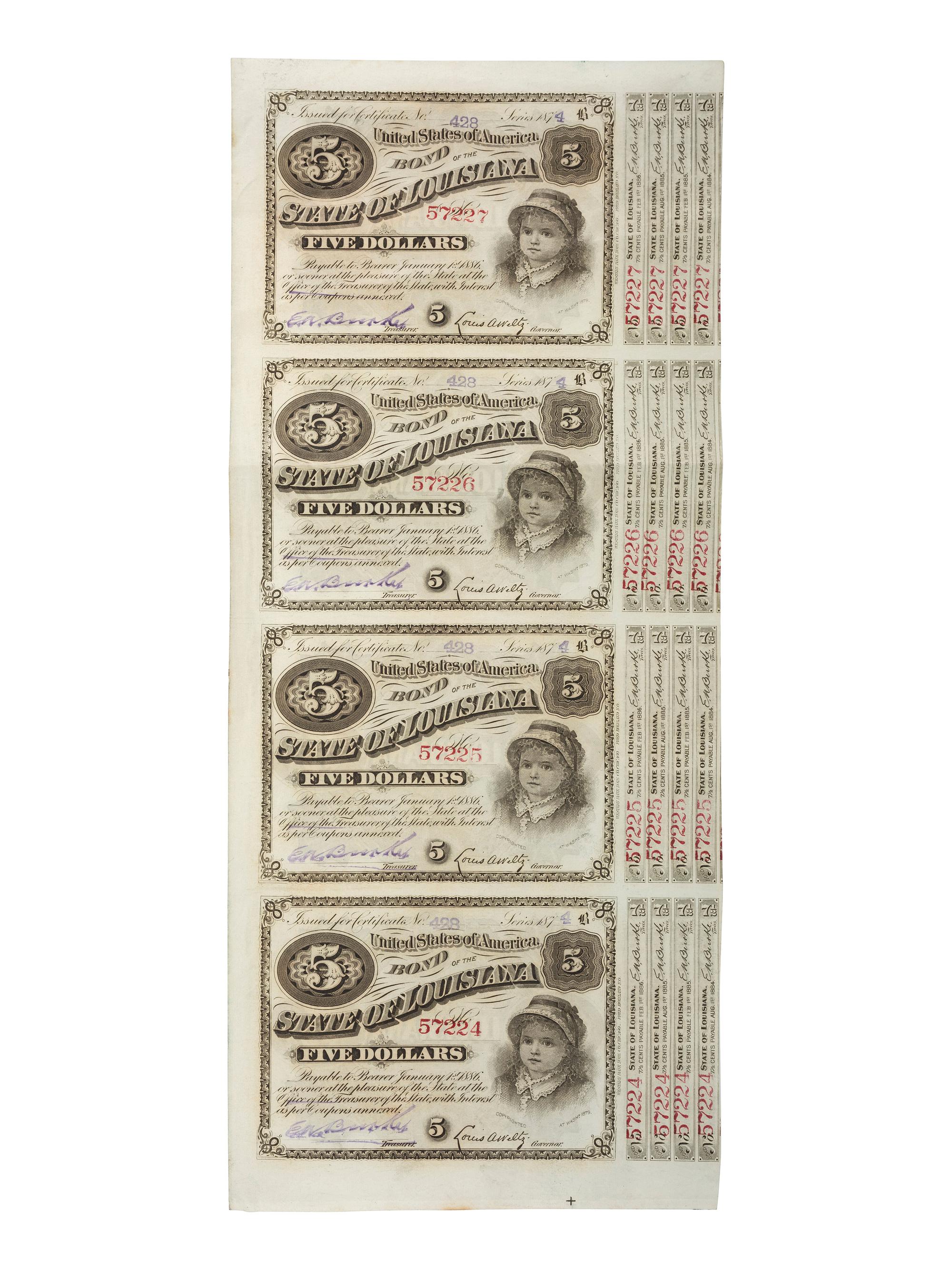 [GENERAL AMERICANA]. World's Columbian Exposition group of tickets and State of Louisiana $5 dollar bonds.
