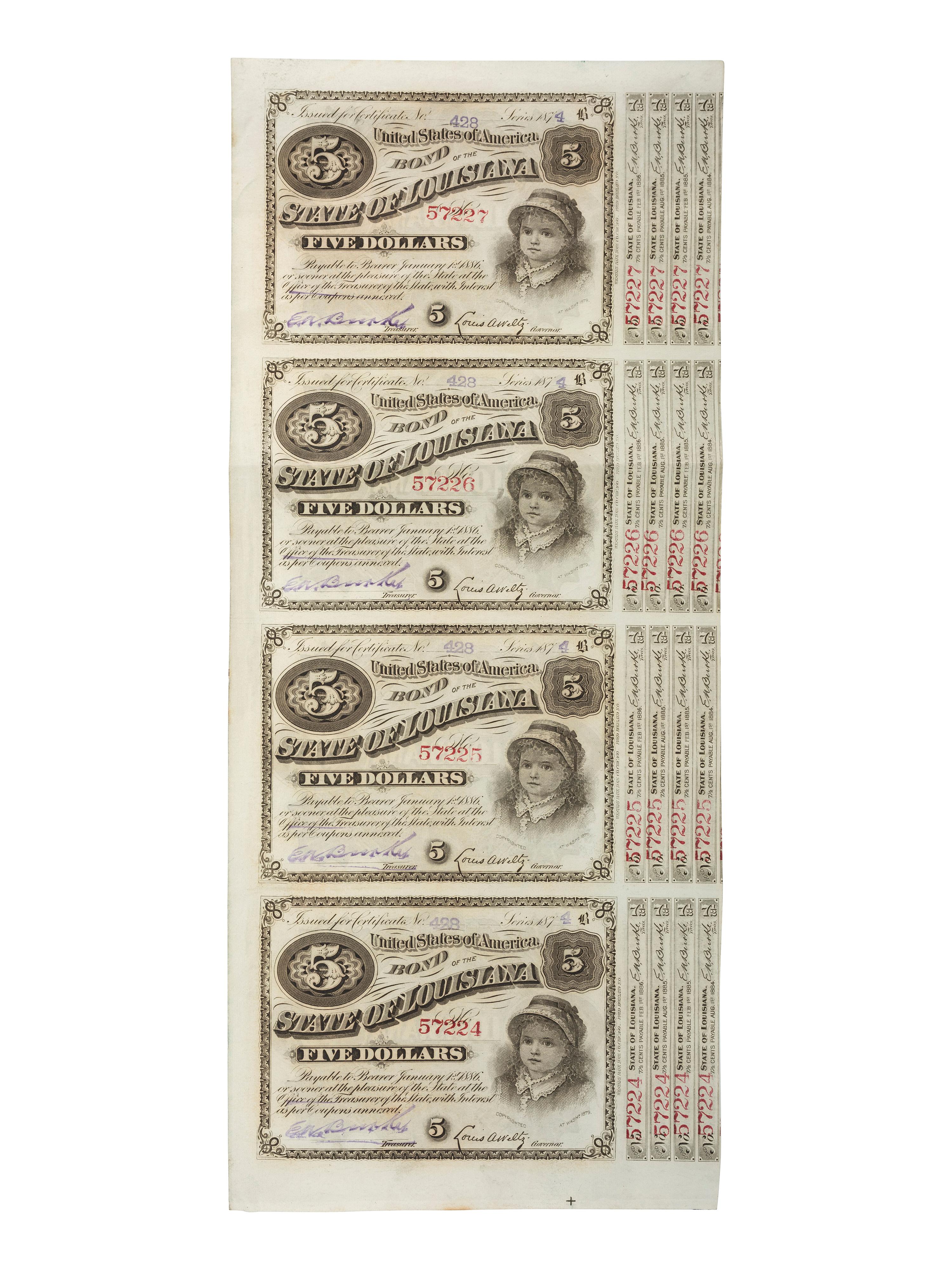 [GENERAL AMERICANA]. World's Columbian Exposition group of tickets and State of Louisiana $5 dollar bonds.