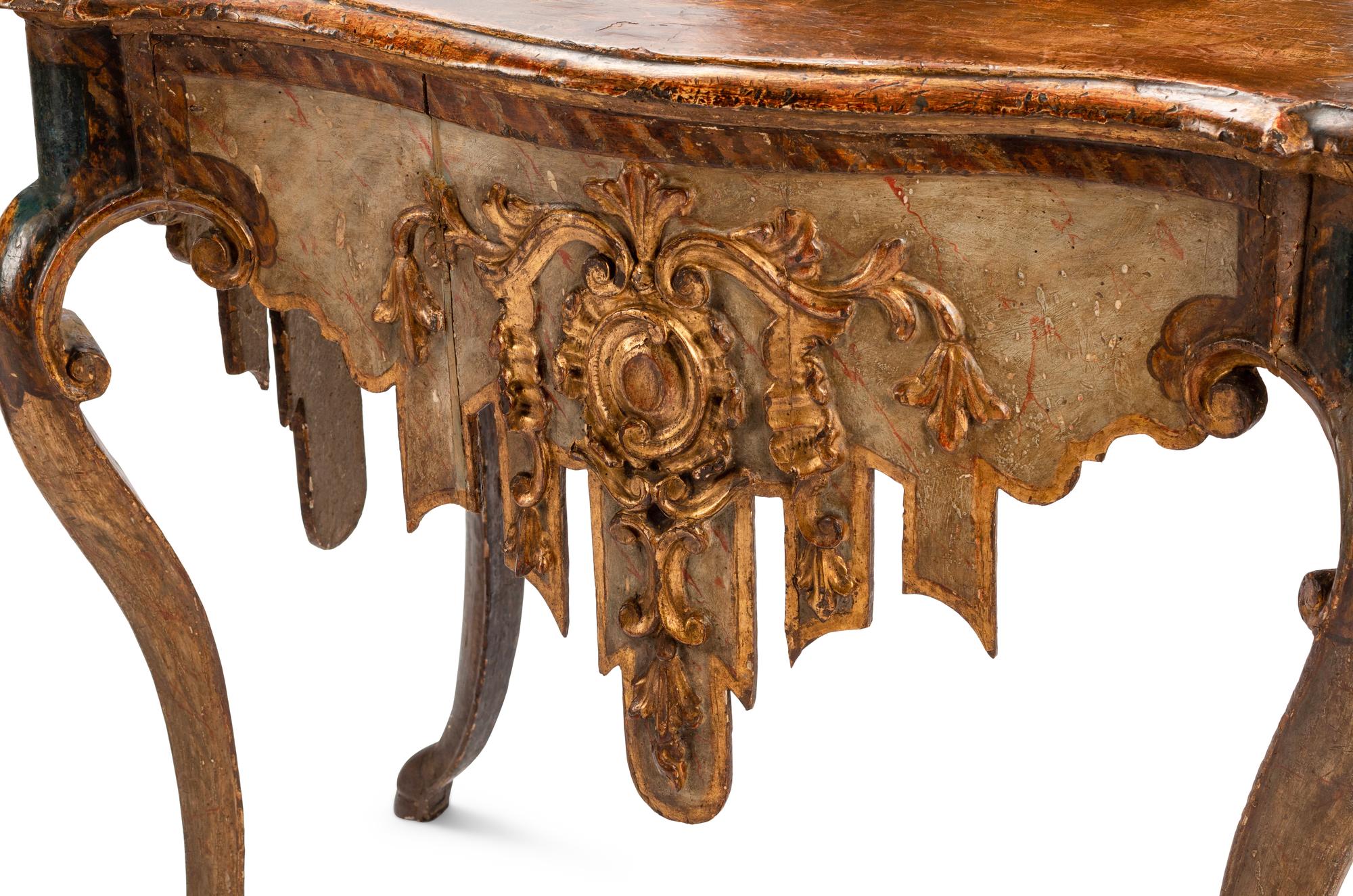 A Pair of Venetian Painted and Parcel Gilt Console Tables