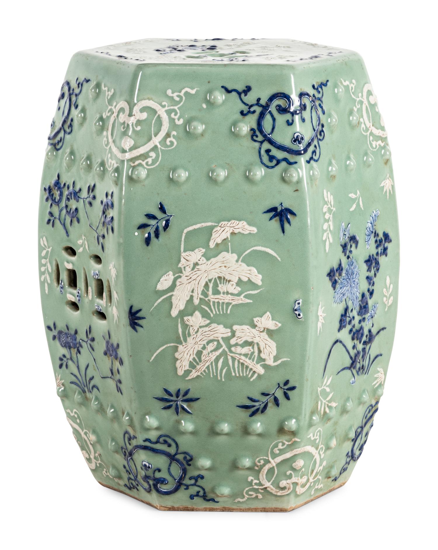 A Chinese Celadon Round Blue and White Decorated Garden Stool