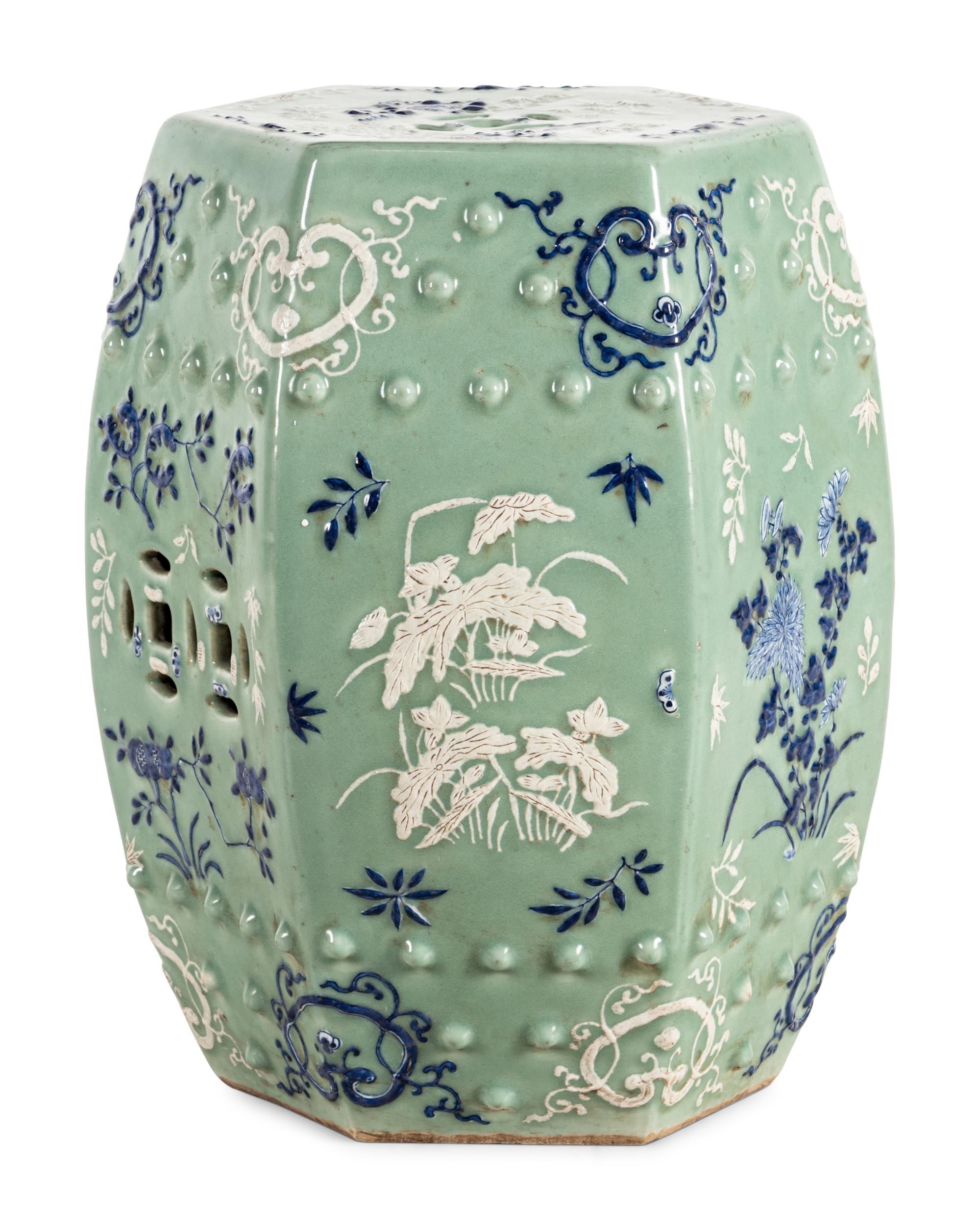 A Chinese Celadon Round Blue and White Decorated Garden Stool