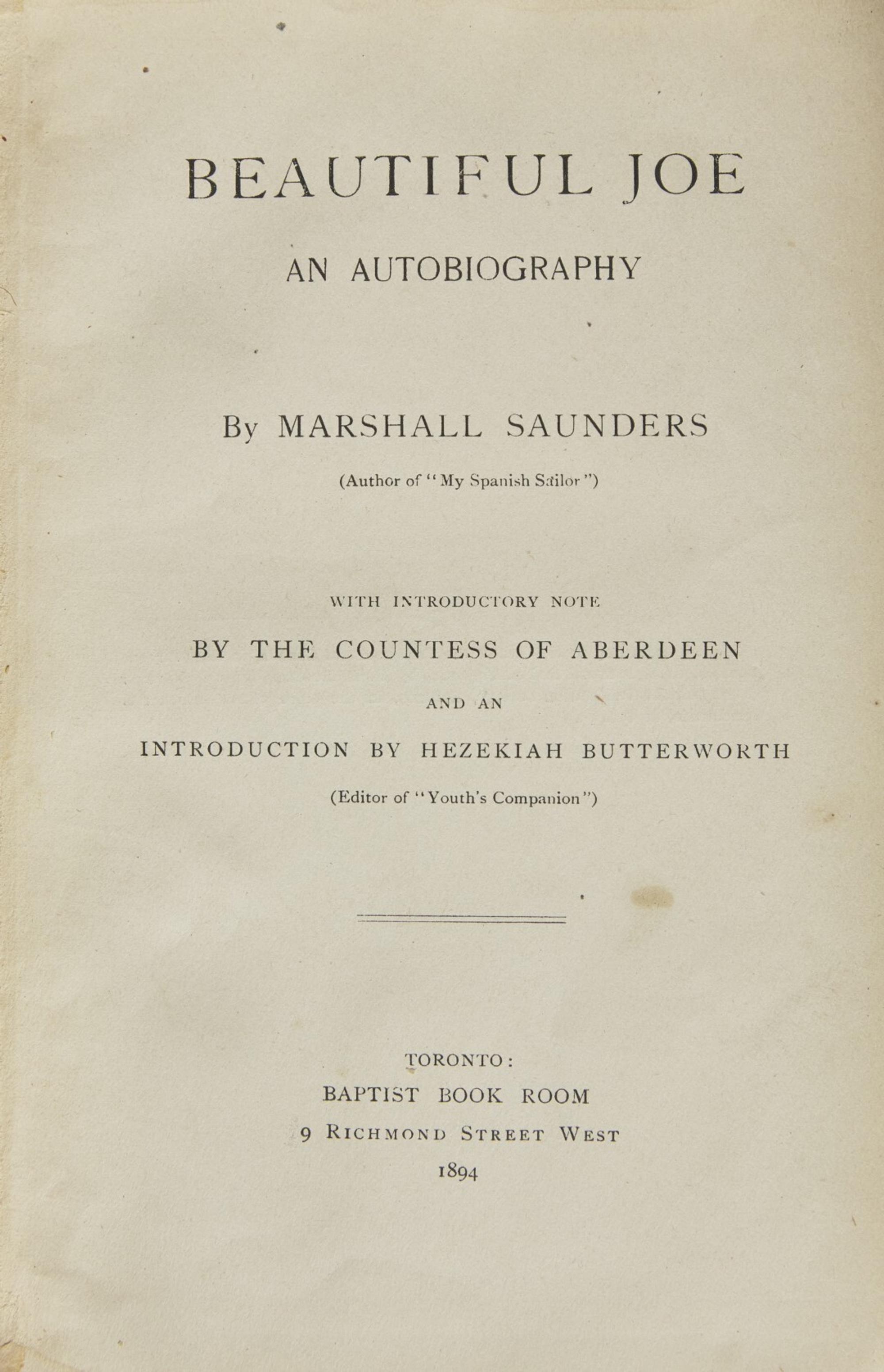 Saunders, Marshall. Beautiful Joe An Autobiography