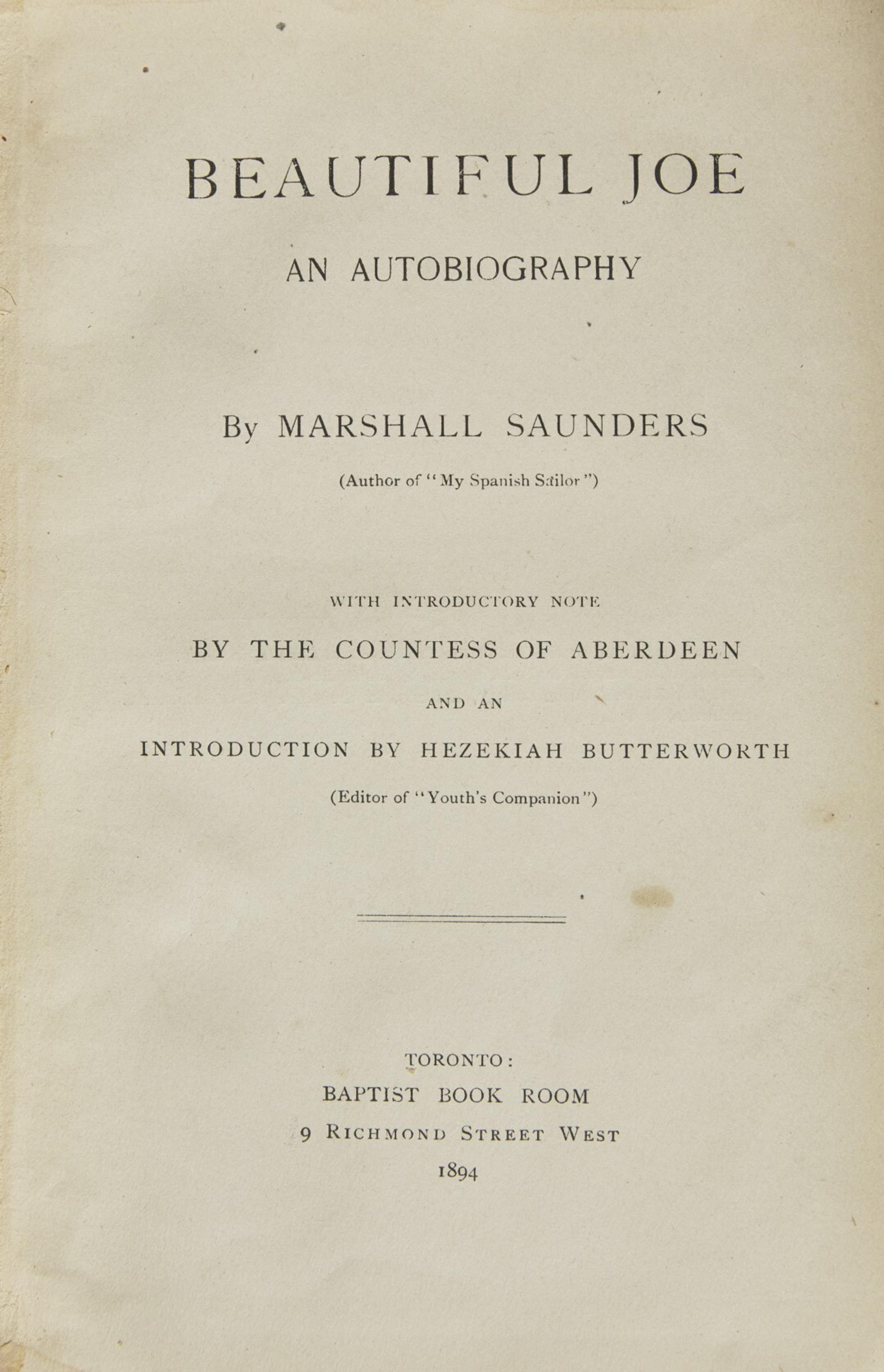 Saunders, Marshall. Beautiful Joe An Autobiography