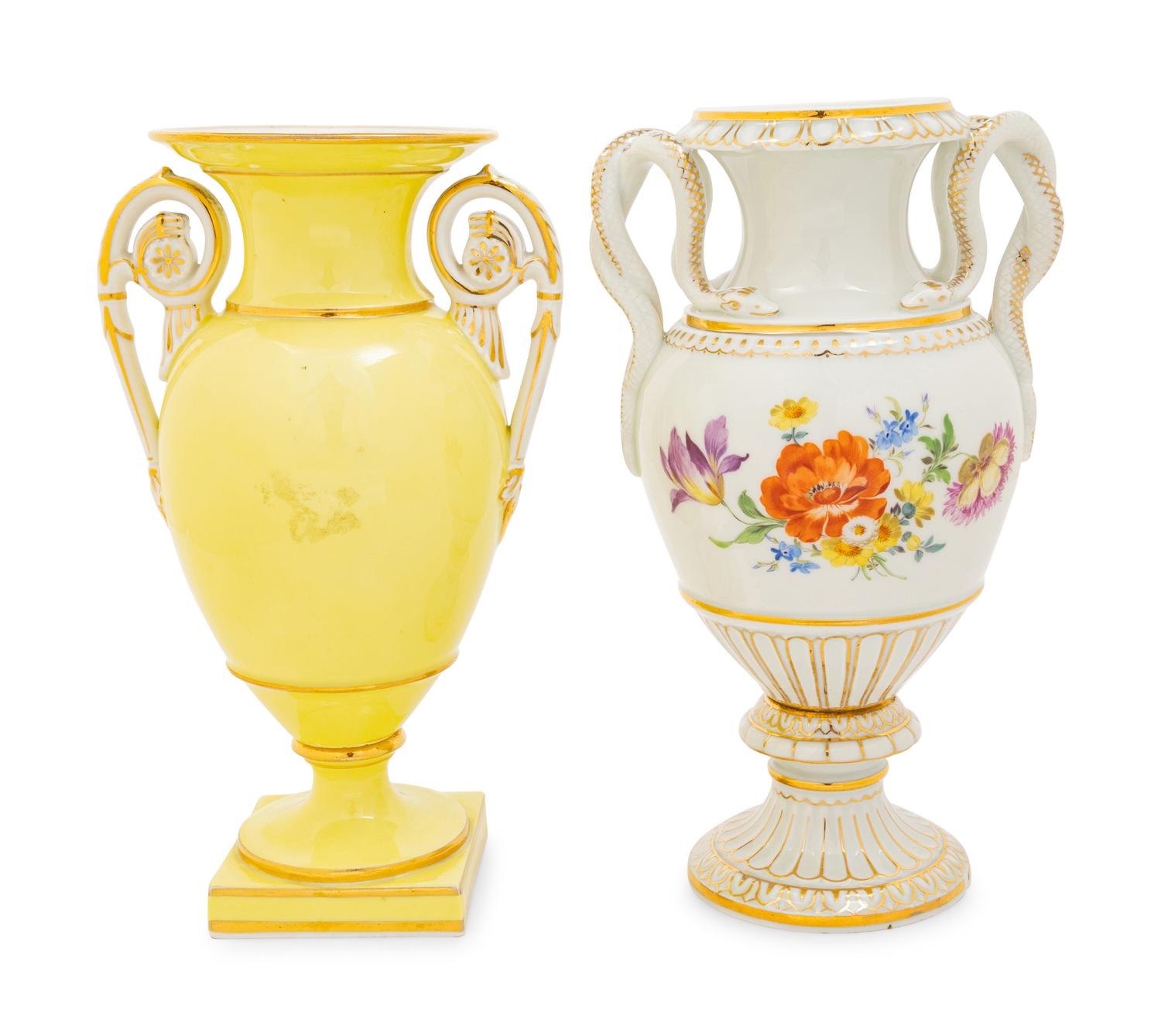 Two Meissen Porcelain Handled Vases