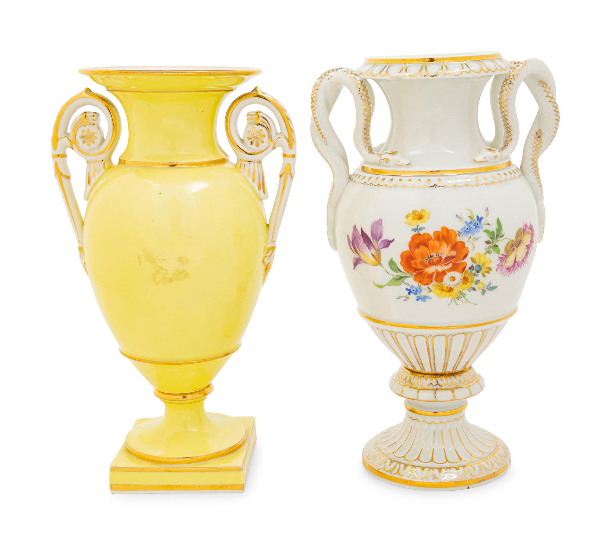 Two Meissen Porcelain Handled Vases