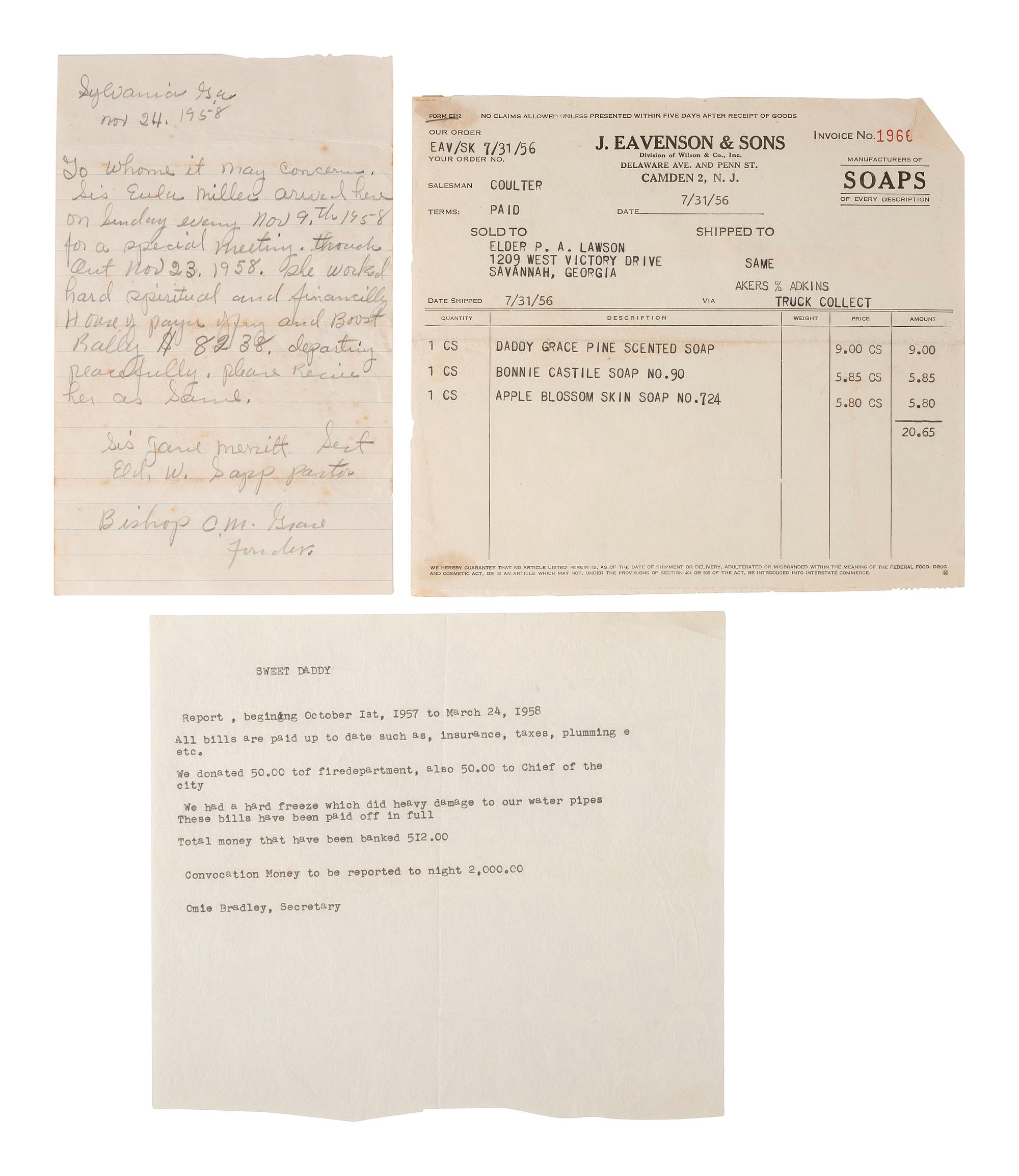 [AFRICAN AMERICANA]. Small archive of ephemera associated with charismatic preacher Charles Manuel "Sweet Daddy" Grace (ca 1881-1960), founder of the United House of Prayer for All People.