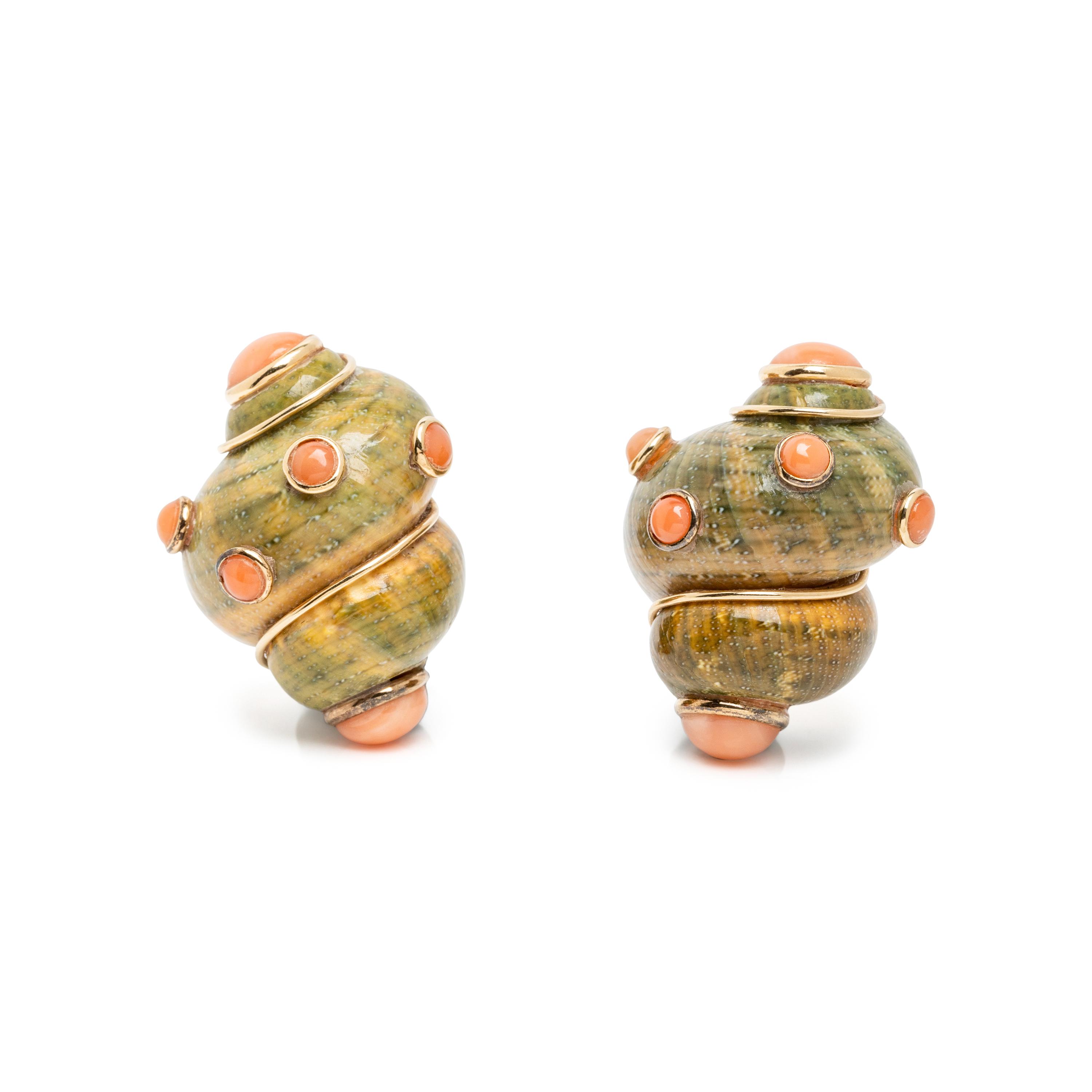 MAZ, TURBO SHELL, CORAL, AND YELLOW GOLD EARRINGS