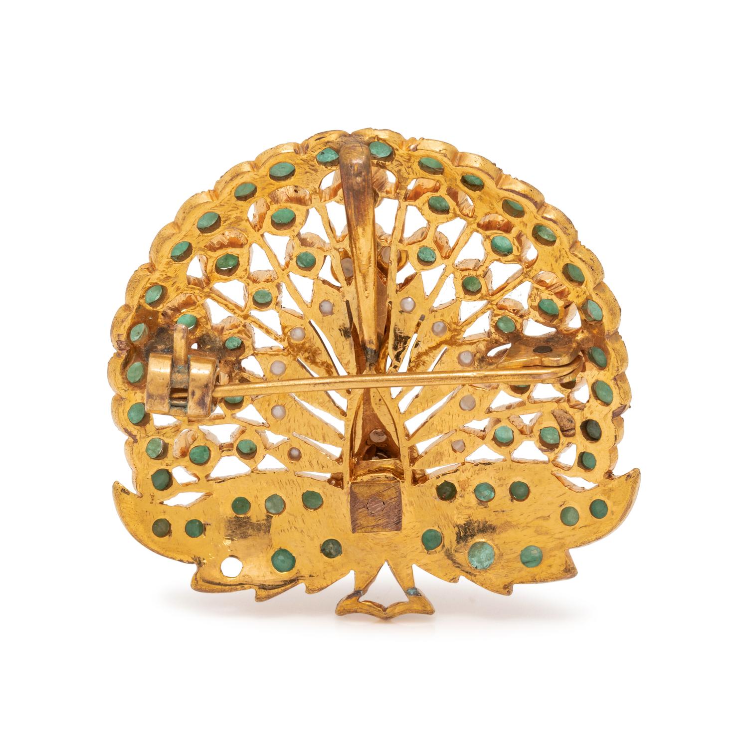 EMERALD AND SEED PEARL PEACOCK BROOCH